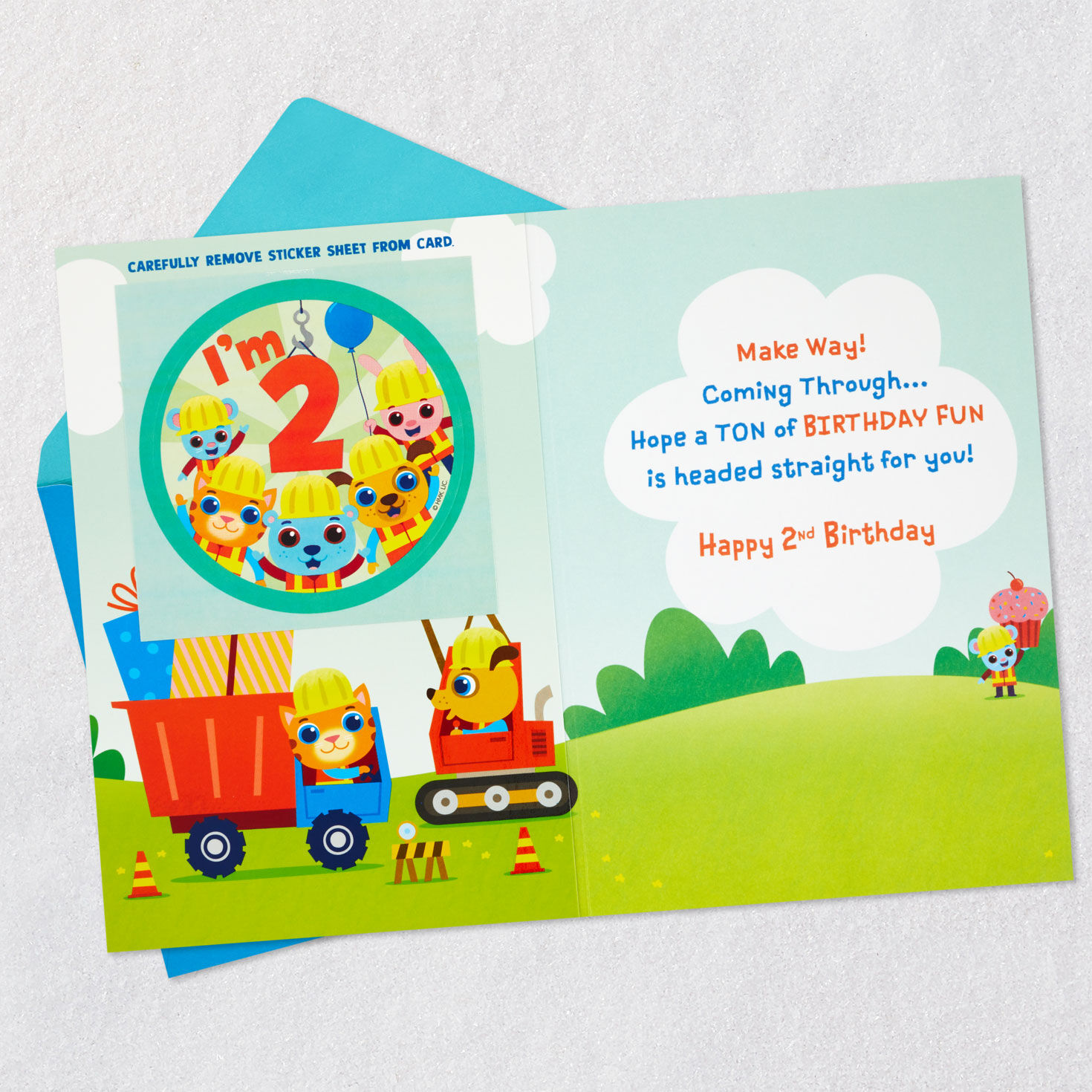Construction Scene 2nd Birthday Card With Sticker Open card with envelope image number 3