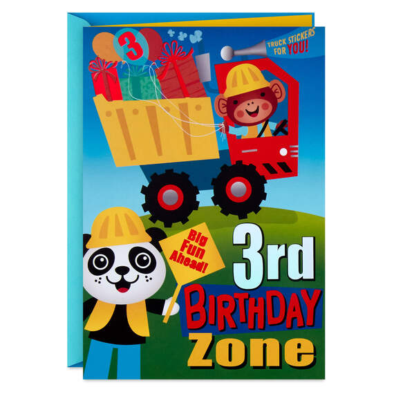 Construction Site 3rd Birthday Card With Stickers and Coloring Activity