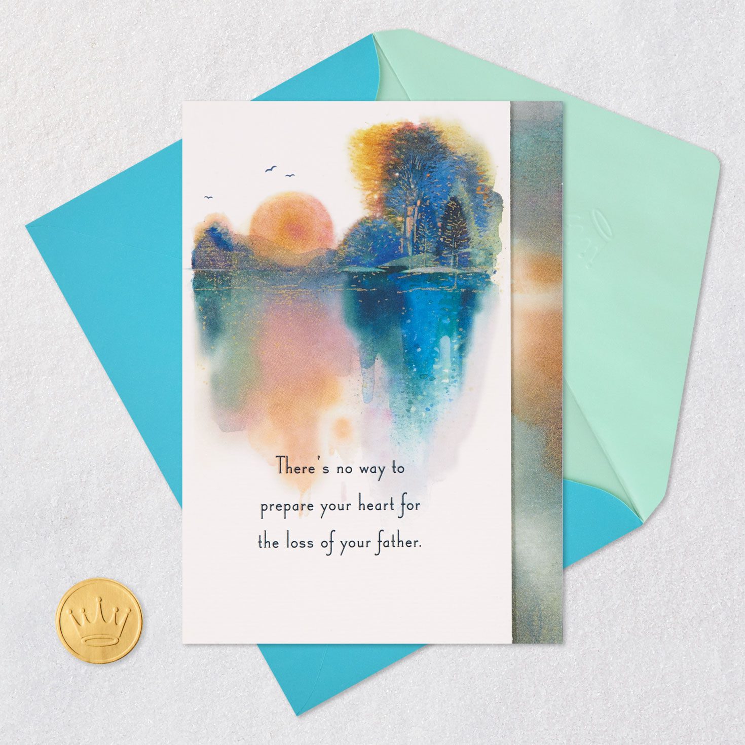 Watercolor Lake Sympathy Card for Loss of Father Card Front with Envelope and Gold Seal image number 5