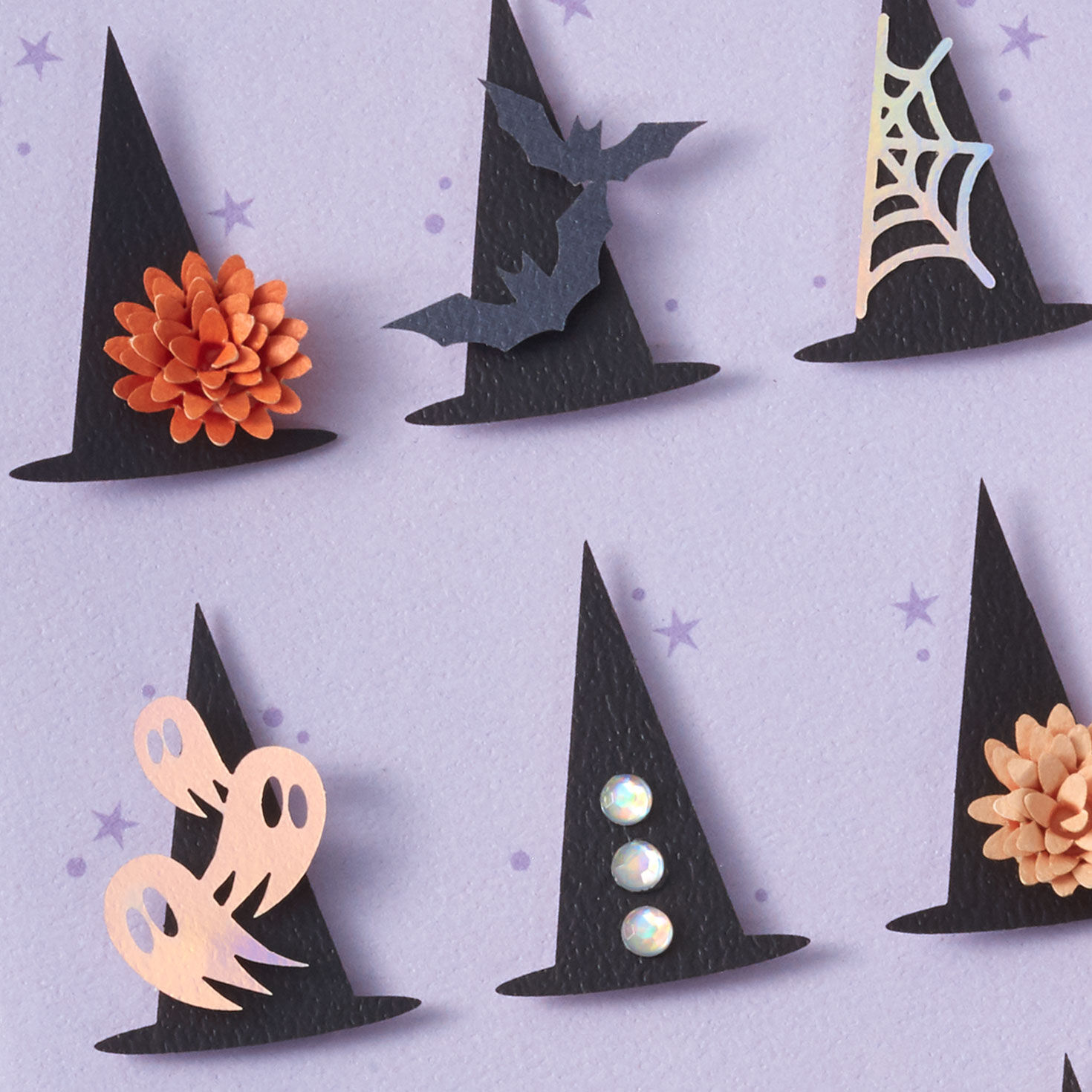 Witch's Hats on Lavender Halloween Card Card Front Detail image number 4