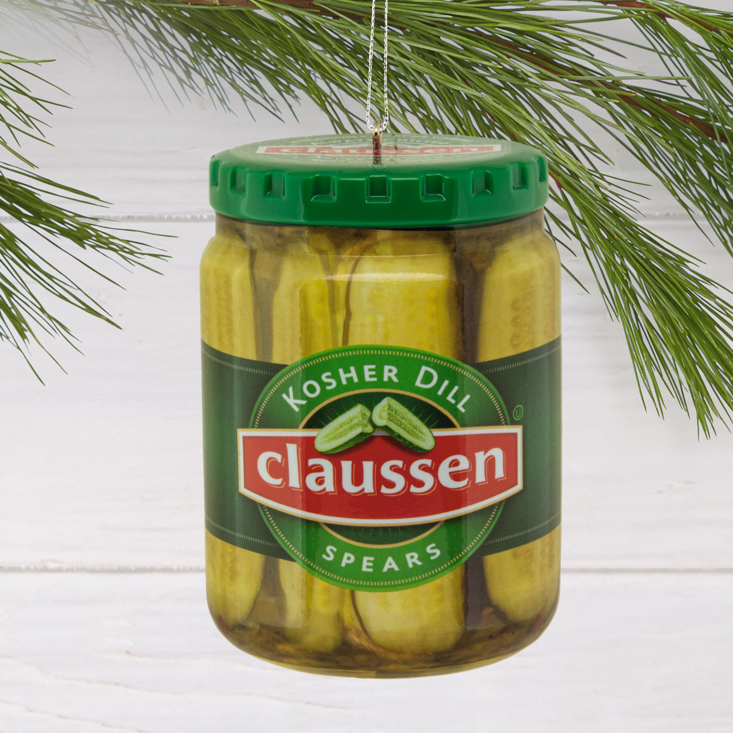 Claussen Pickle Jar Christmas Ornament hanging on tree image number 2