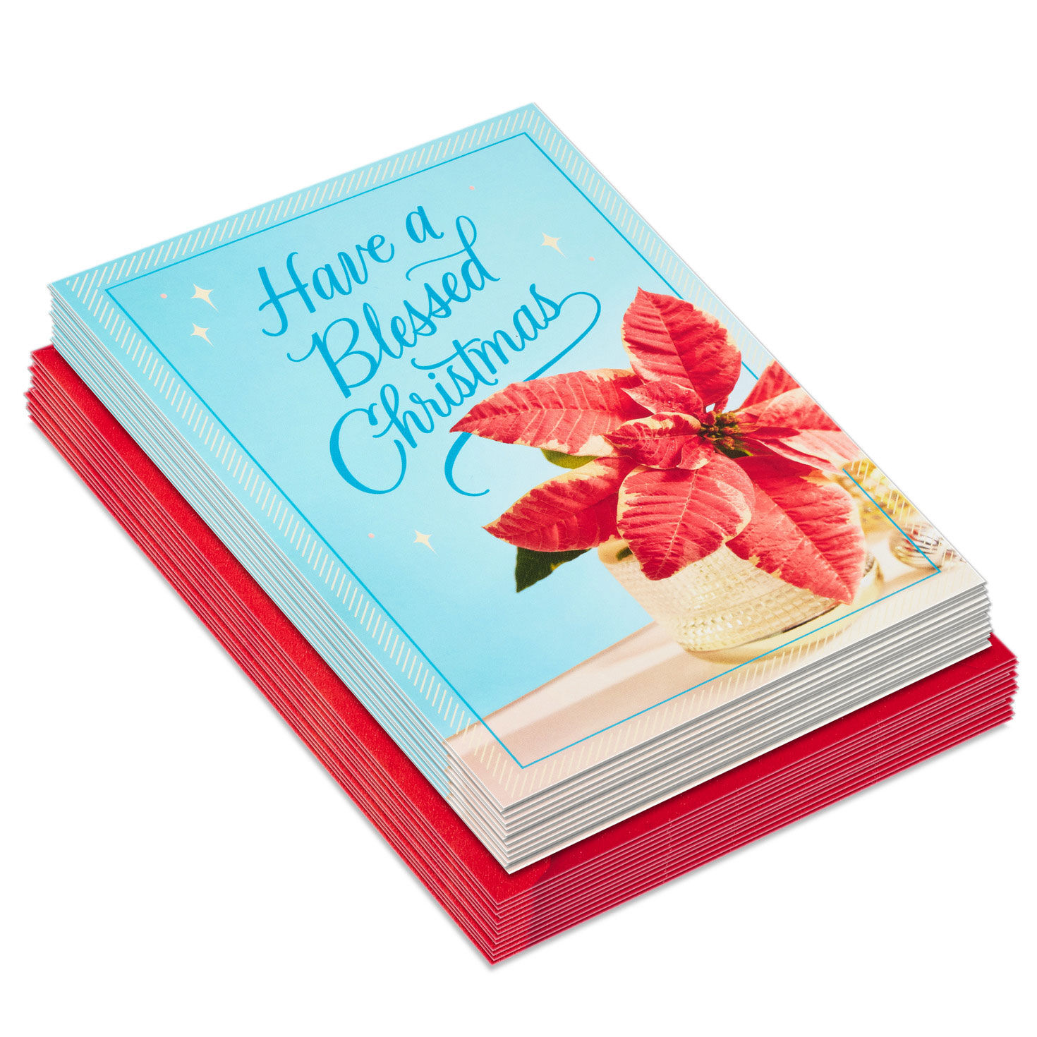 Poinsettia on Blue Boxed Christmas Card Pack stacked front image number 2