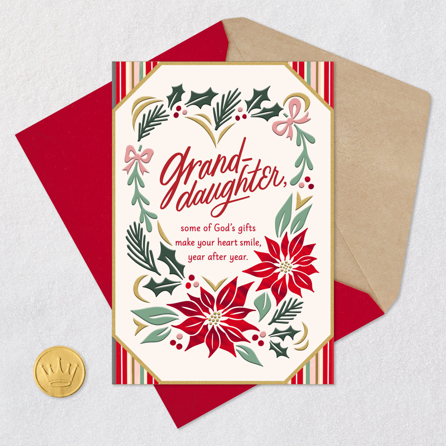 Poinsettia Granddaughter Religious Christmas Card Card Front with Envelope and Gold Seal image number 6