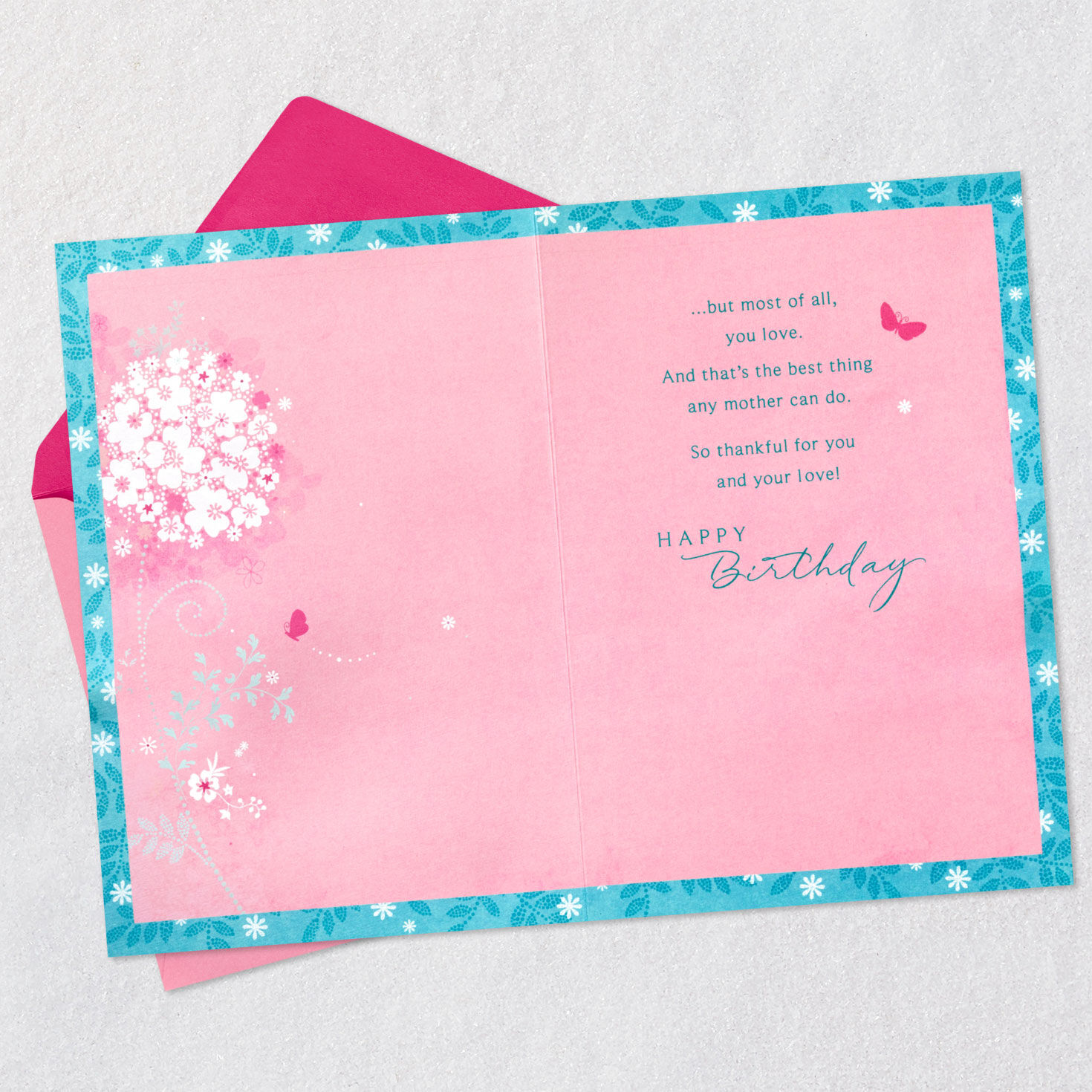 Butterfly and Flowers Mom Birthday Card Open card with envelope image number 3