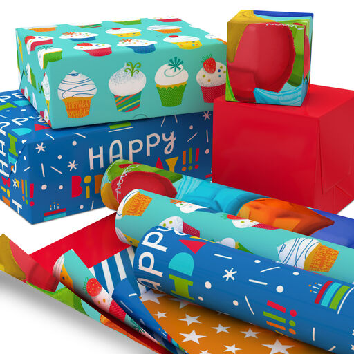 Bright Birthday 3-Pack Reversible Wrapping Paper, 