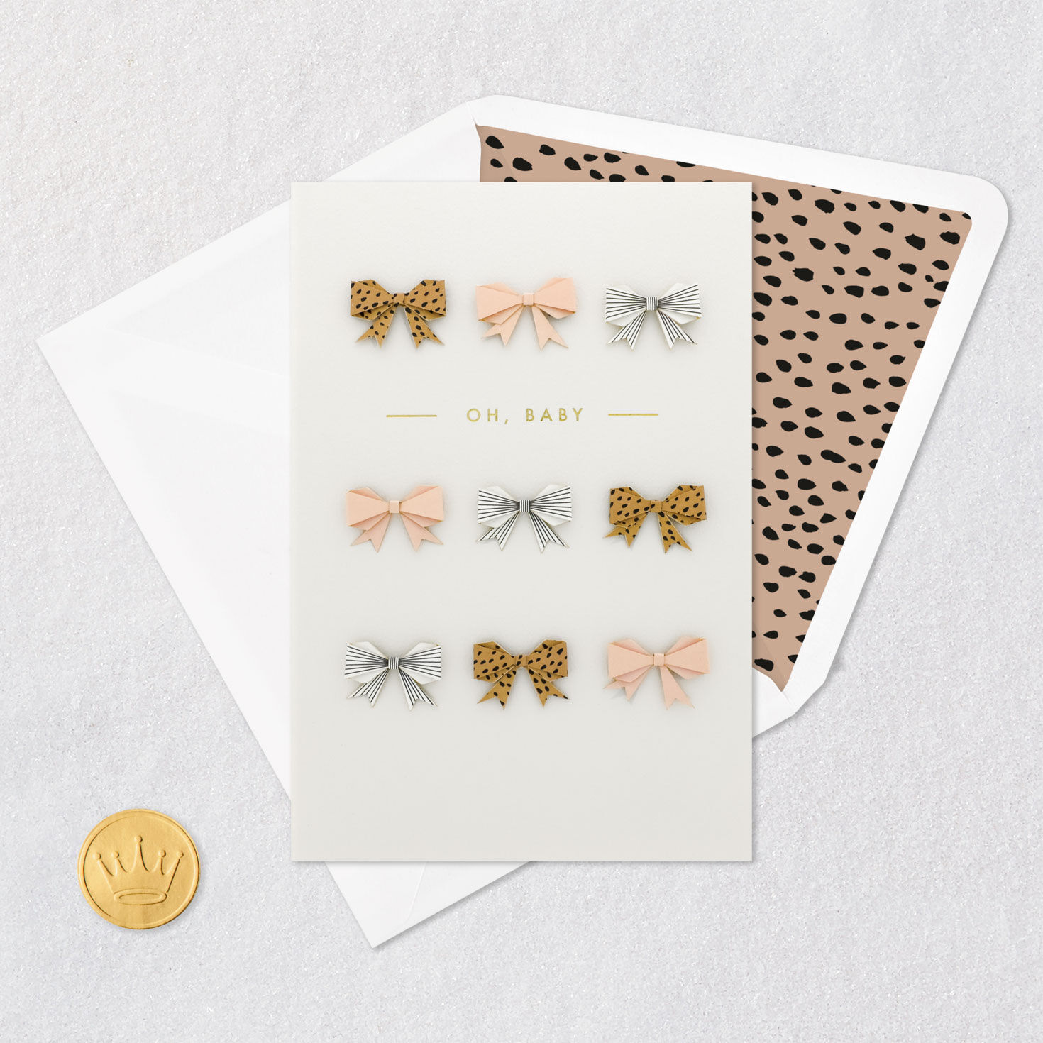Pink and Striped Bows New Baby Congrats Card Card Front with Envelope and Gold Seal image number 5