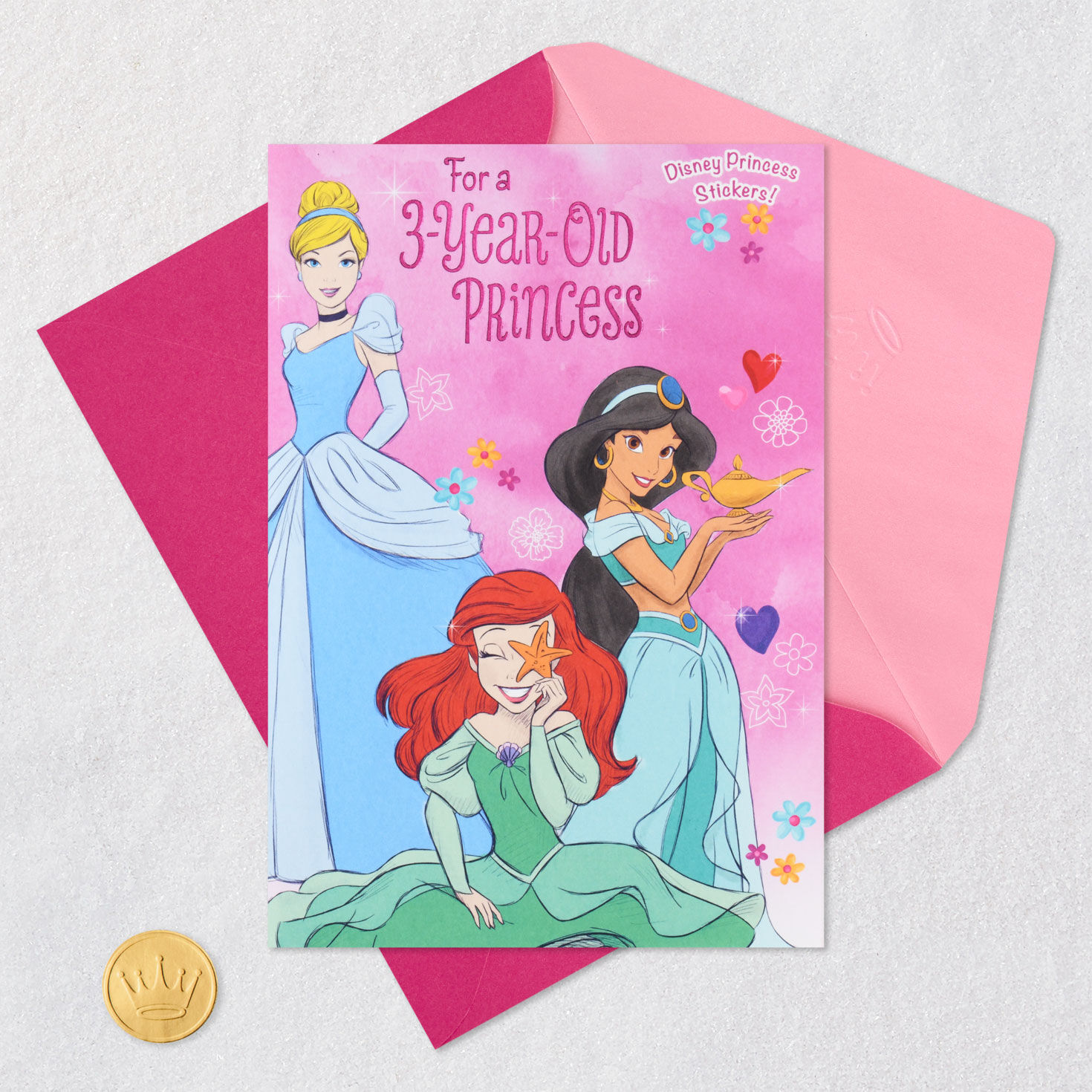 Disney Princesses Girls 3rd Birthday Card With Stickers Card Front with Envelope and Gold Seal image number 6