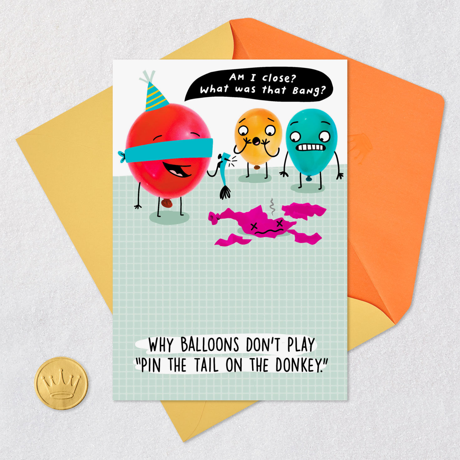 Colorful Balloon Cartoon Funny Birthday Card Card Front with Envelope and Gold Seal image number 5