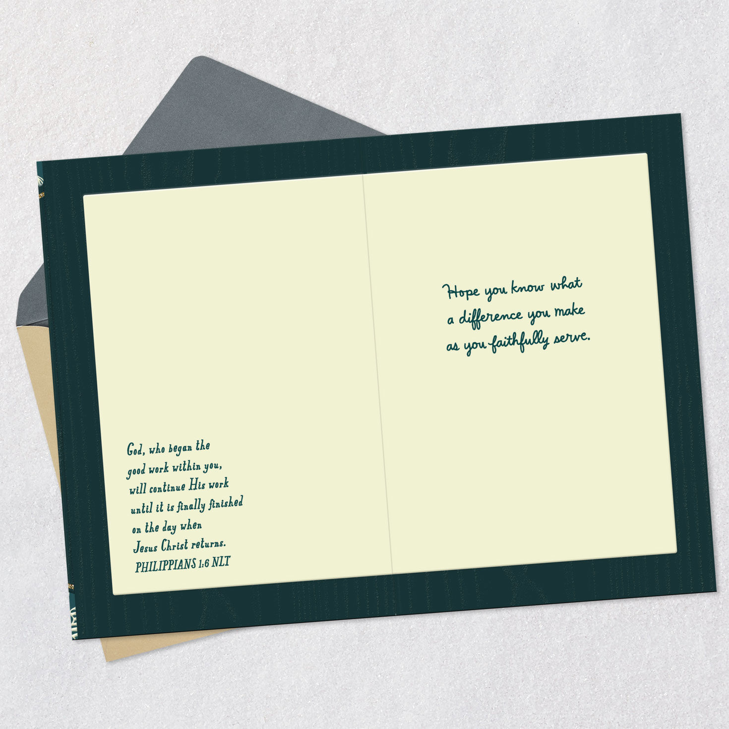 Leaves and Teal Religious Clergy Appreciation Card Open card with envelope image number 4