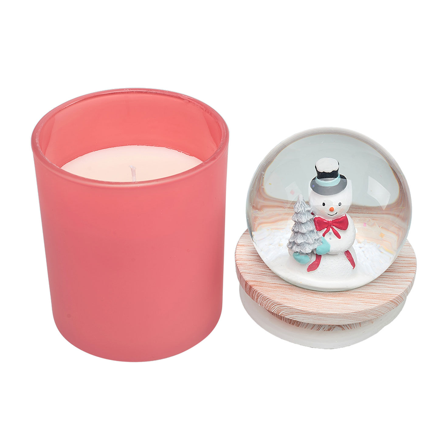 Pink Sugar Cookie Candle With Snowman Snow Globe lid off image number 3