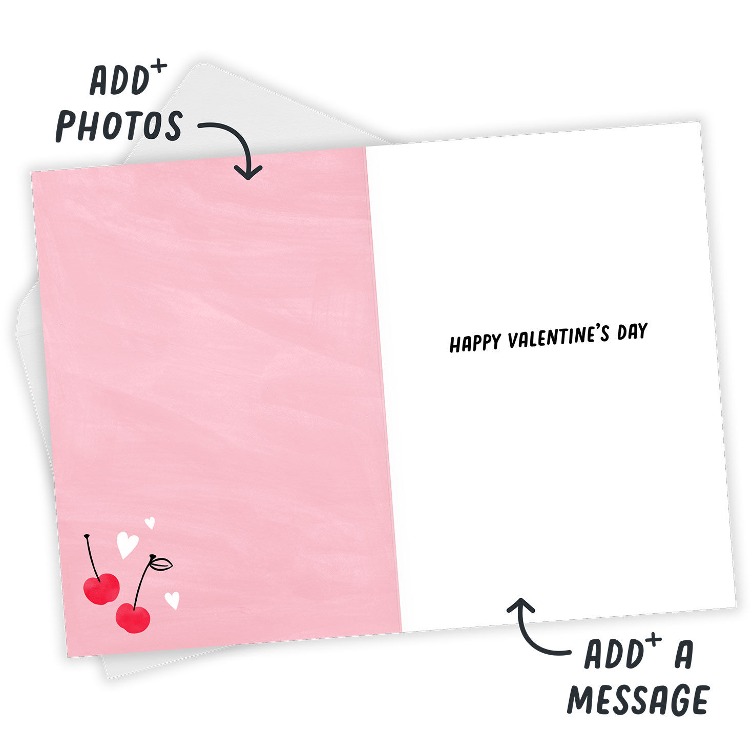 Cherries on Pink Personalized Valentine's Day Card Open Card with Envelope indicating personalization image number 3