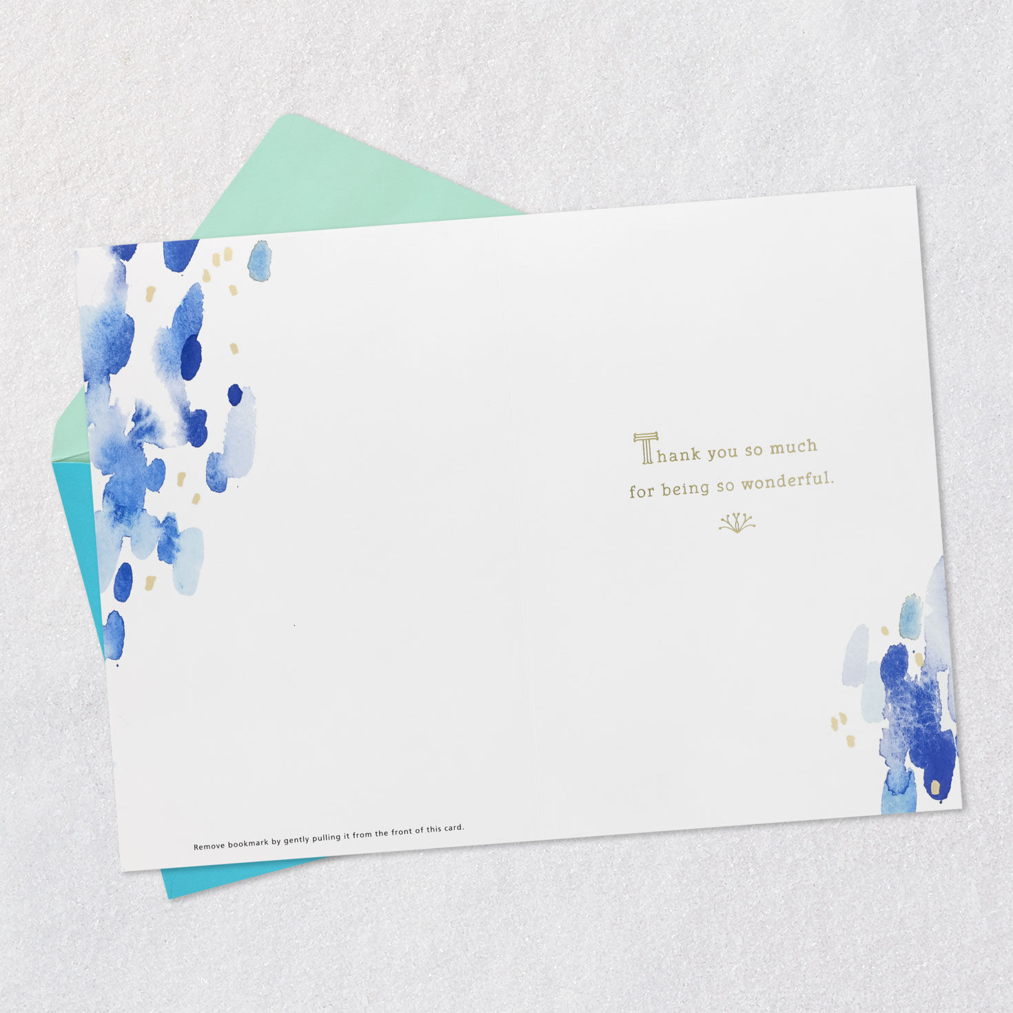 Blue Watercolor Thank You Card and Ribbon Bookmark Open card with envelope image number 3