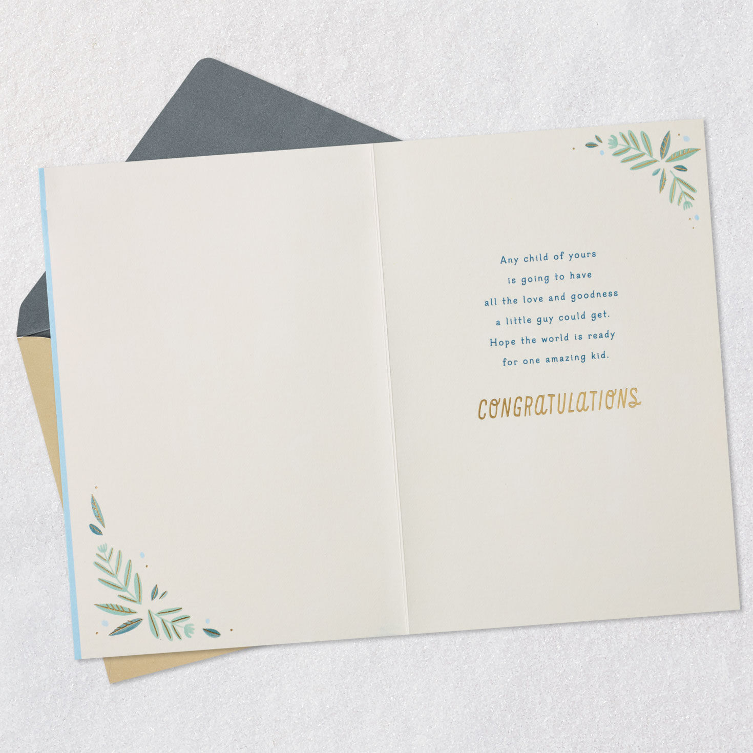 Light Blue and Gold Outfit New Baby Shower Card Open card with envelope image number 3