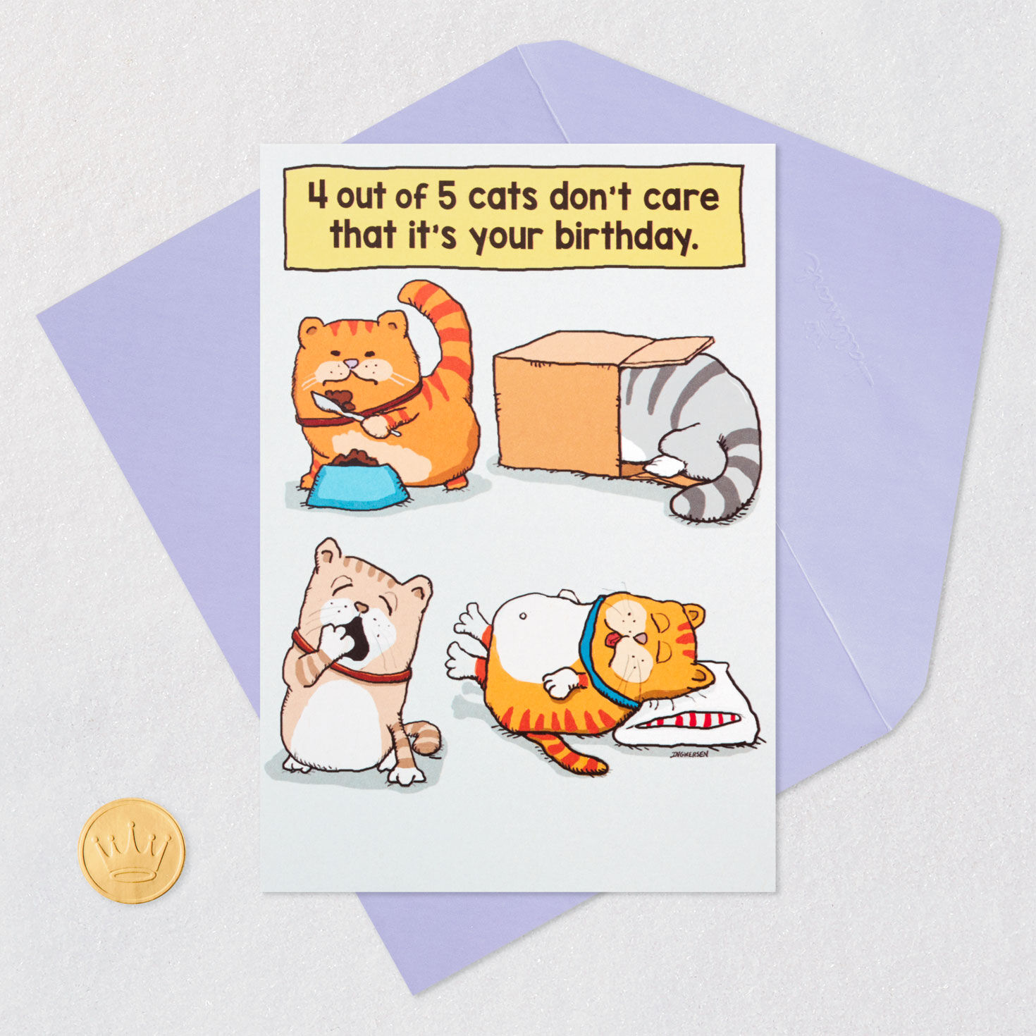 Five Cats Not Caring Funny Birthday Card Card Front with Envelope and Gold Seal image number 5