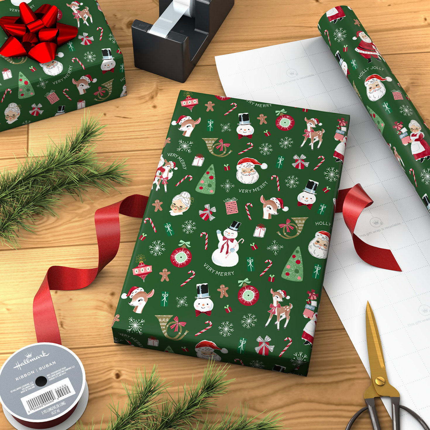 Retro Christmas Friends on Green Wrapping Paper Wrapped package image number 3