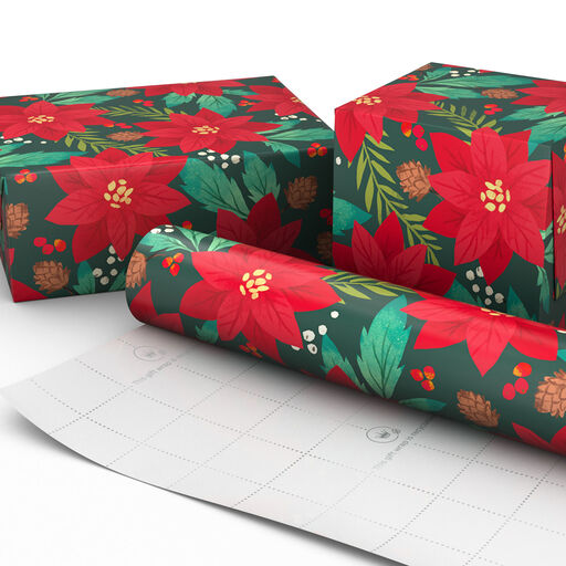Red Poinsettias on Green Christmas Wrapping Paper, 35 sq. ft., 