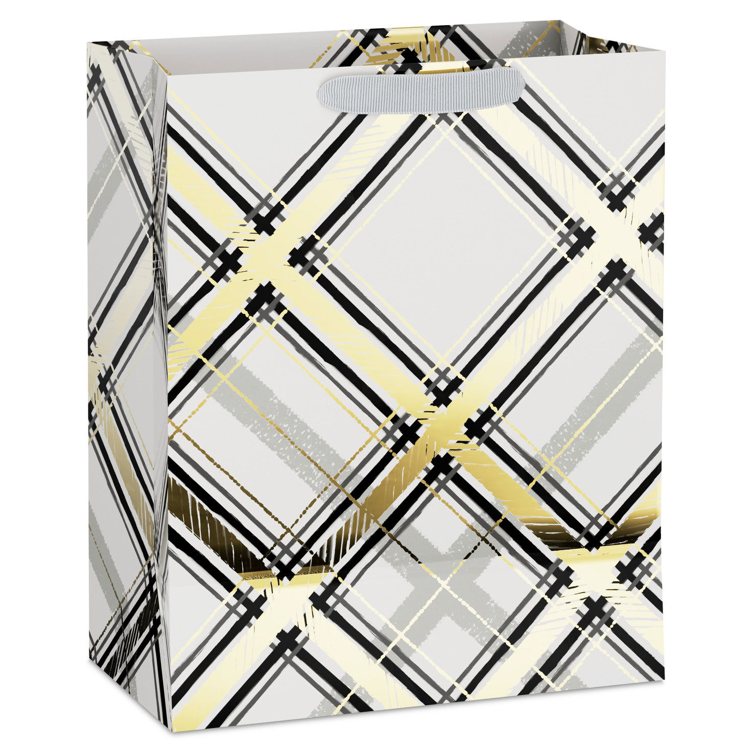 Black and Gold Plaid on White Large Holiday Gift Bag Back image number 6