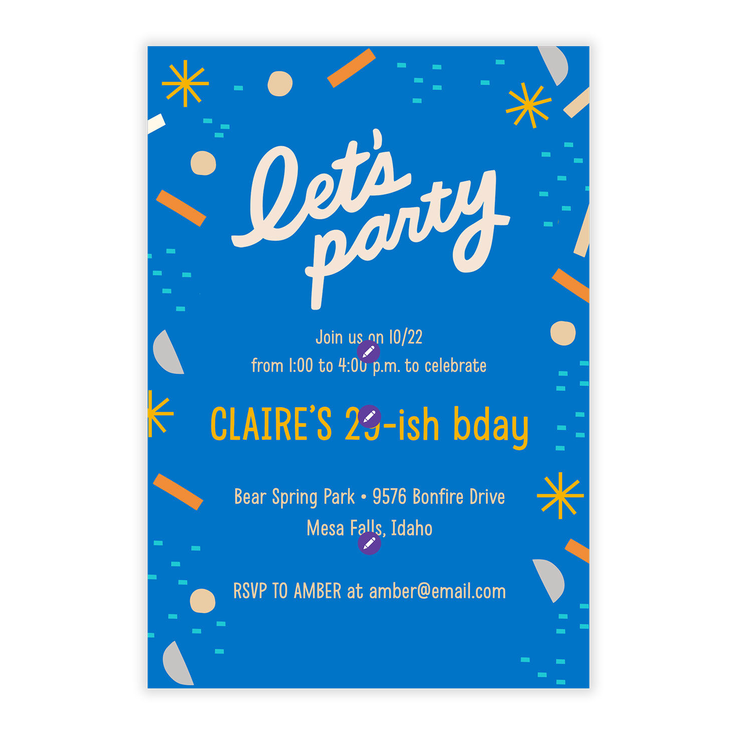 Blue With Confetti Personalized Party Invitation Card Front indicating personalization image number 5