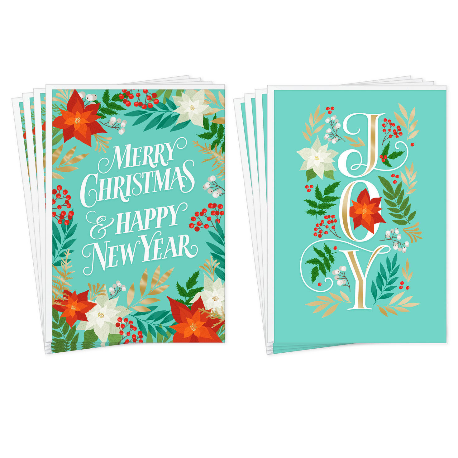 Poinsettias on Blue Assorted Christmas Cards, Pack of 8
