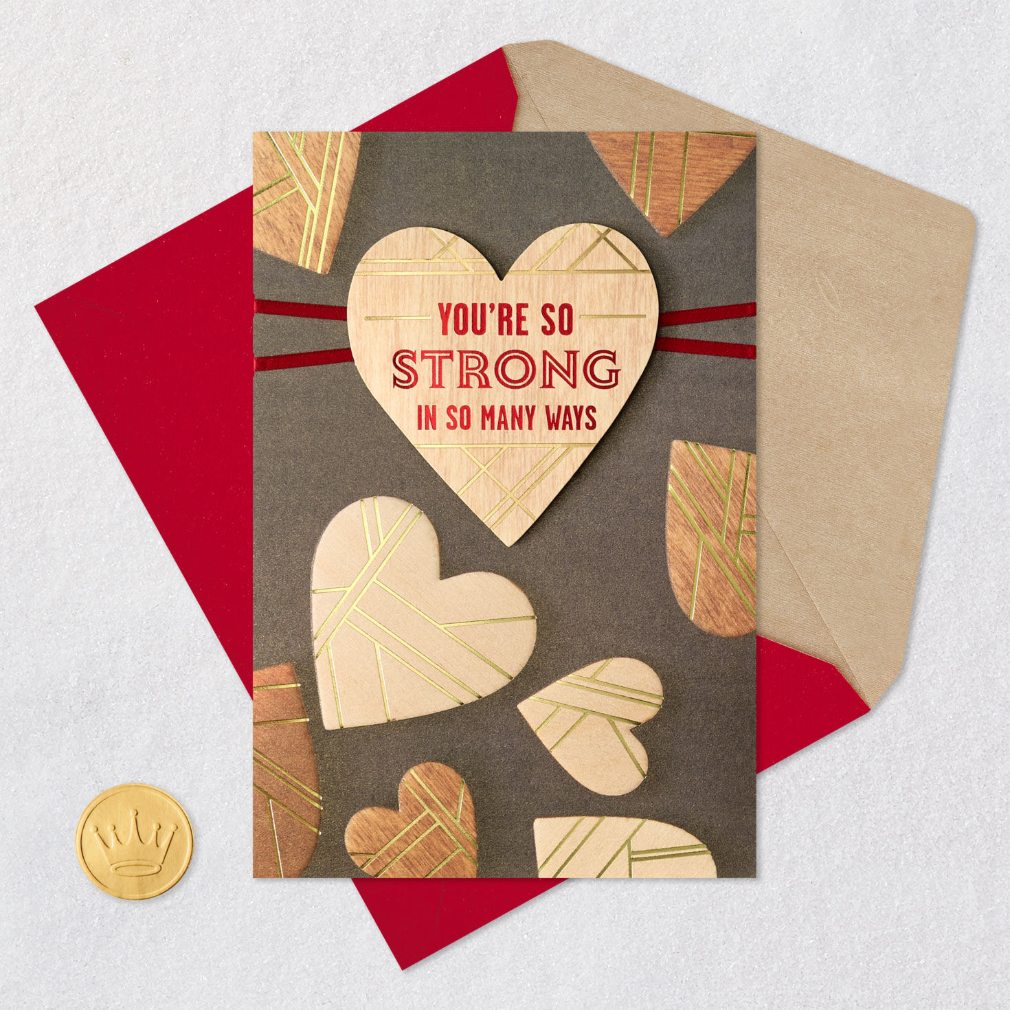 Wood Hearts Romantic Valentine's Day Card Card Front with Envelope and Gold Seal image number 7
