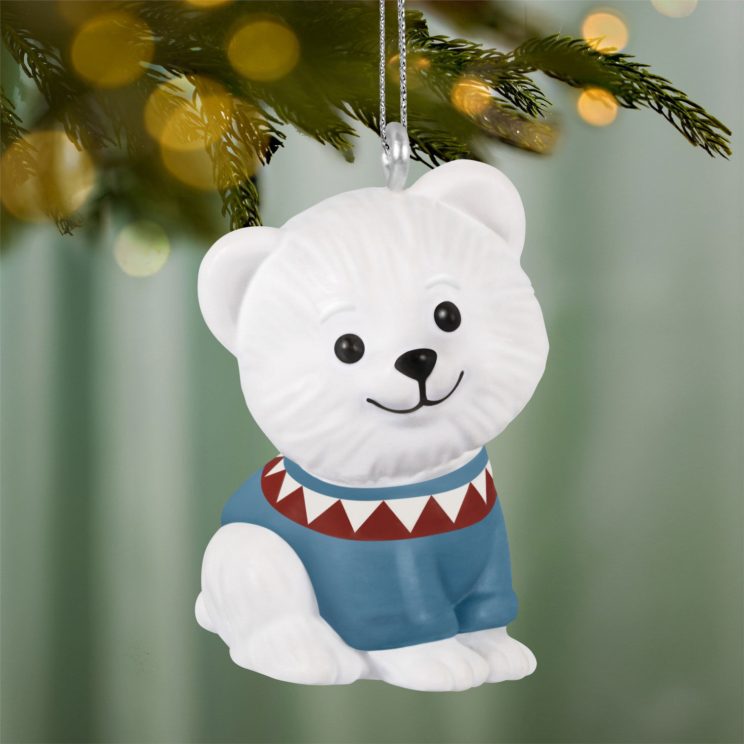White Bear in Sweater Keepsake Ornament hanging on tree image number 2