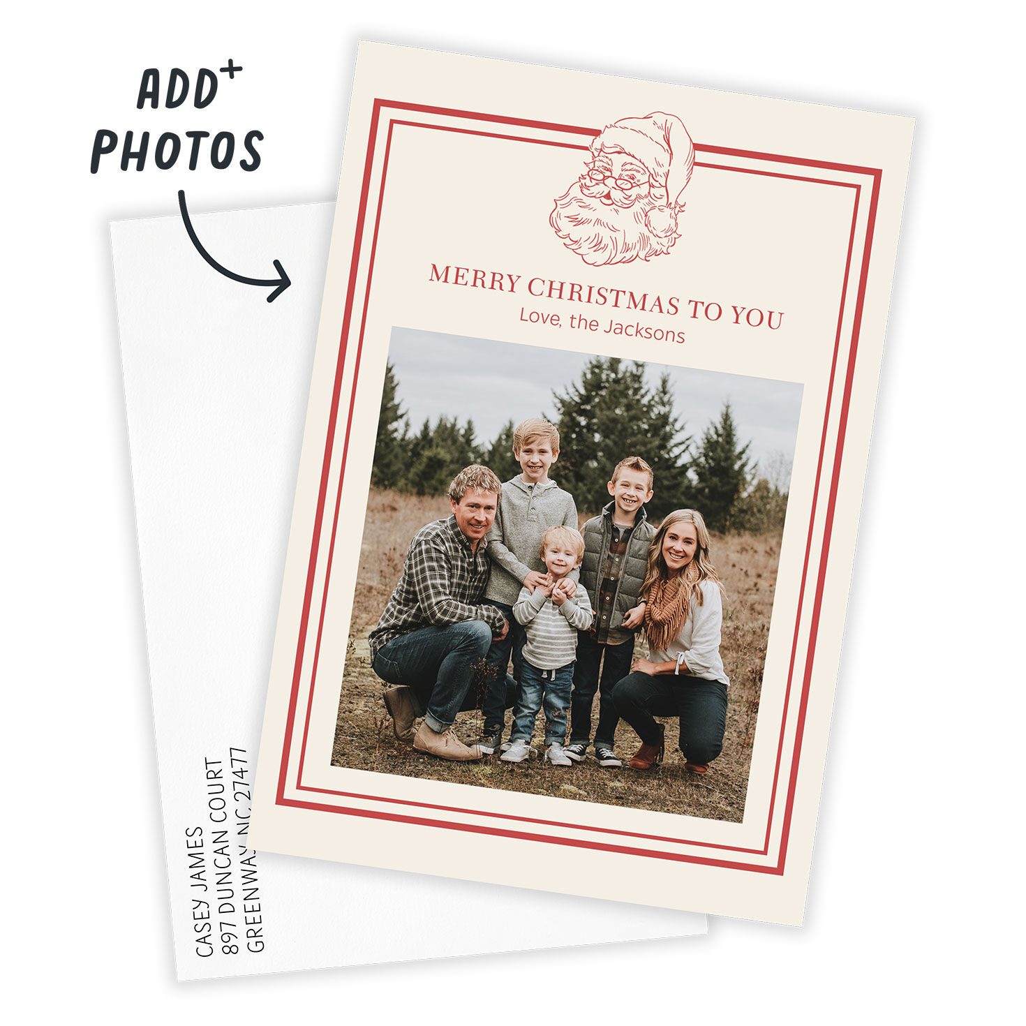 Red Line Art Santa Personalized Christmas Photo Card Card Front indicating personalization image number 2