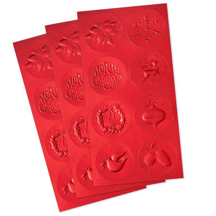 Red Foil Embossed Christmas Seals, 3 sheets