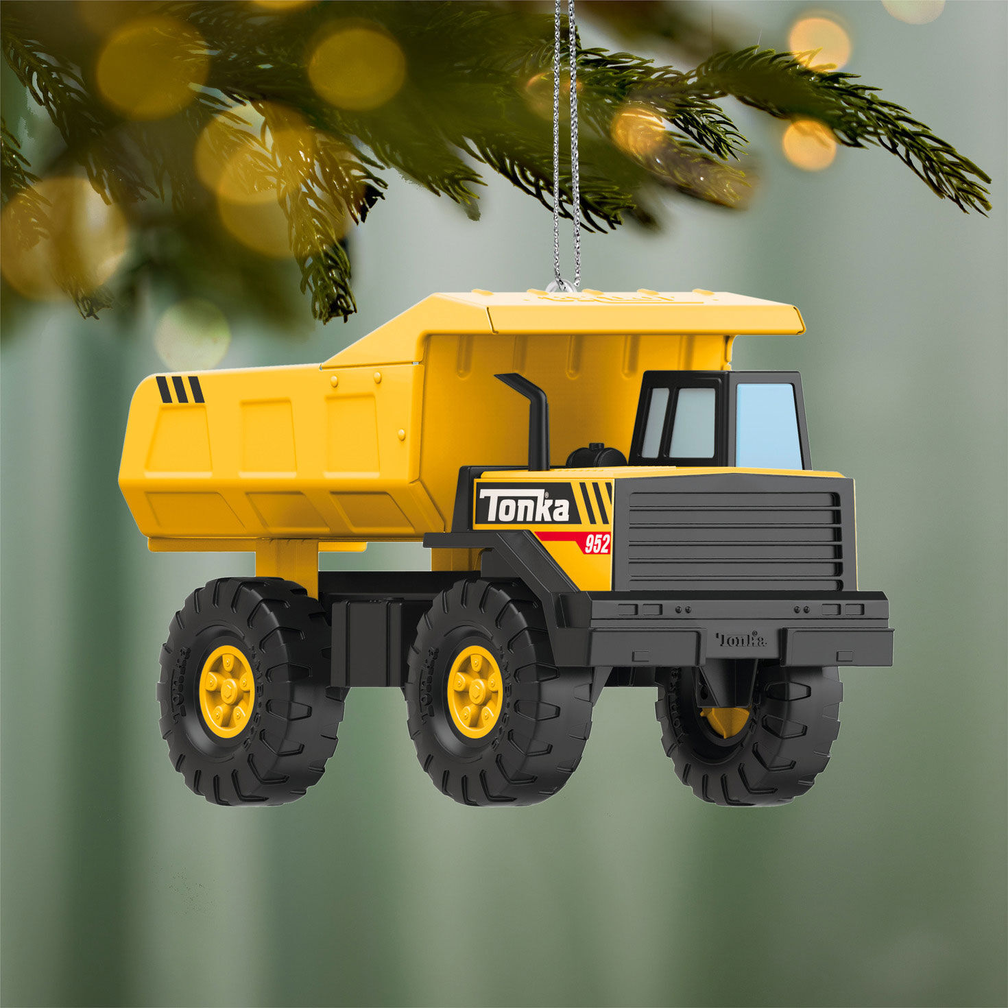 Tonka Yellow Black Dump Truck Keepsake Ornament hanging on tree image number 2