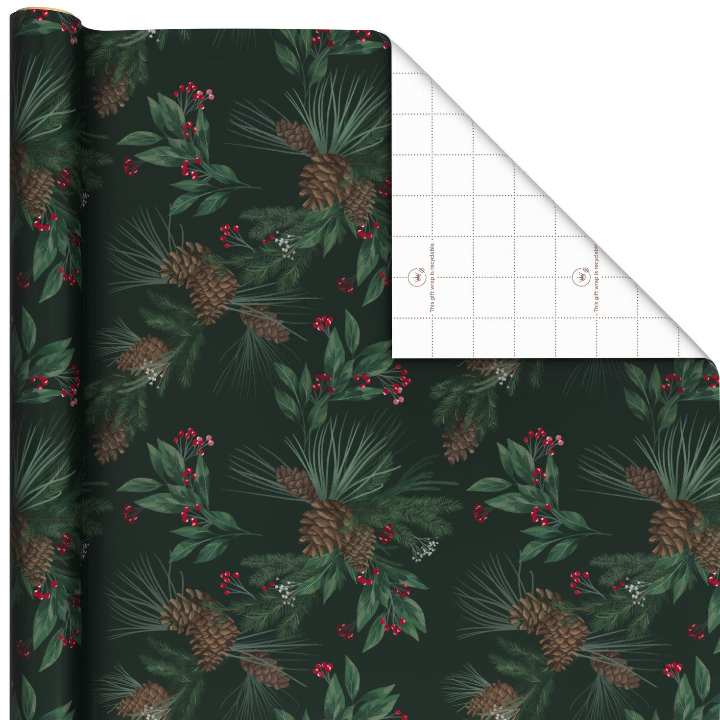 Pine-Scented Holiday Boughs on Black Christmas Wrapping Paper Roll, 20 sq. ft.
