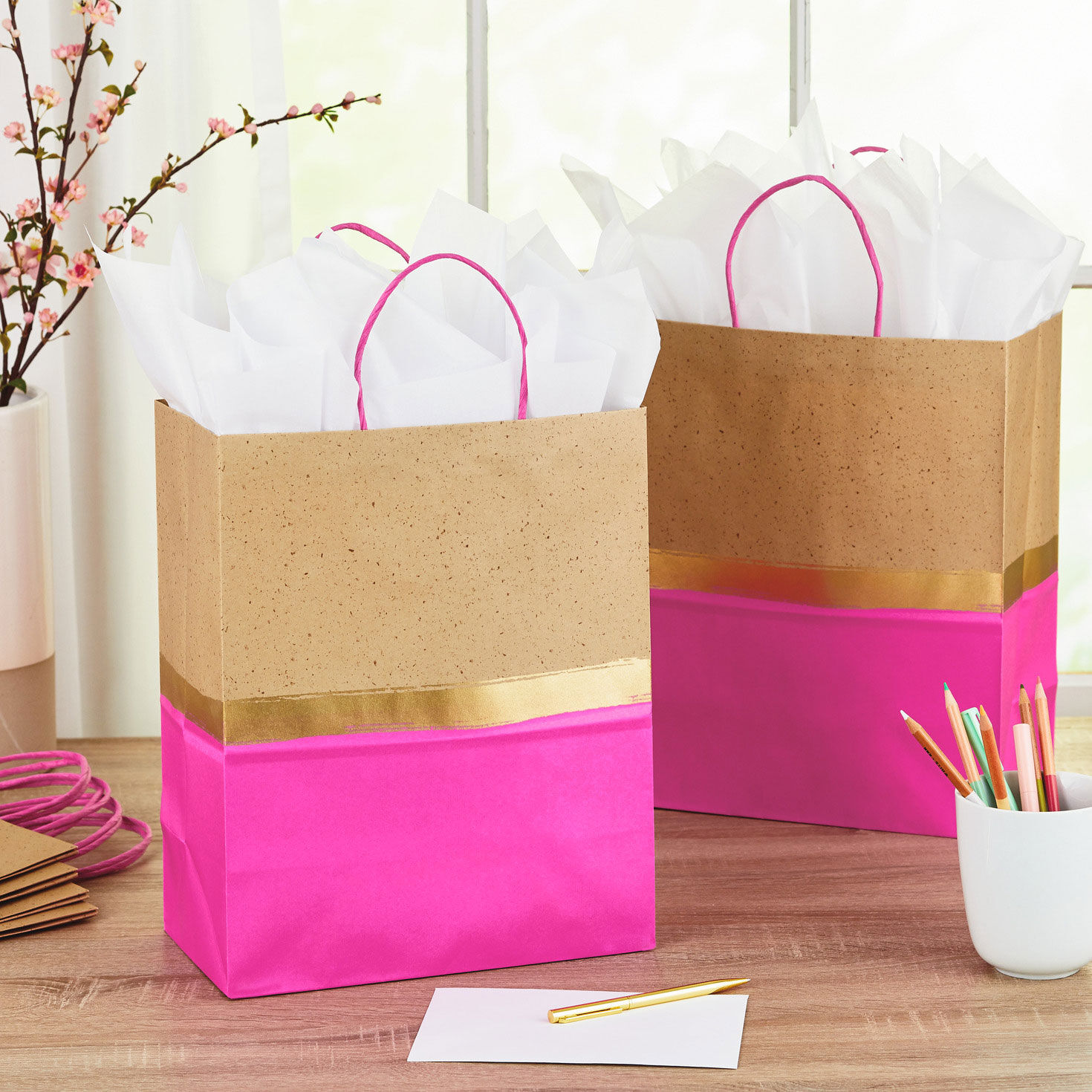 Pink, Gold and Kraft Paper Large Gift Bag Bundle in use image number 2