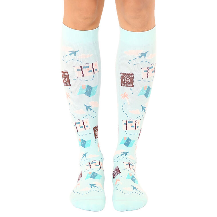 Living Royal Travel Icons on Aqua Compression Socks
