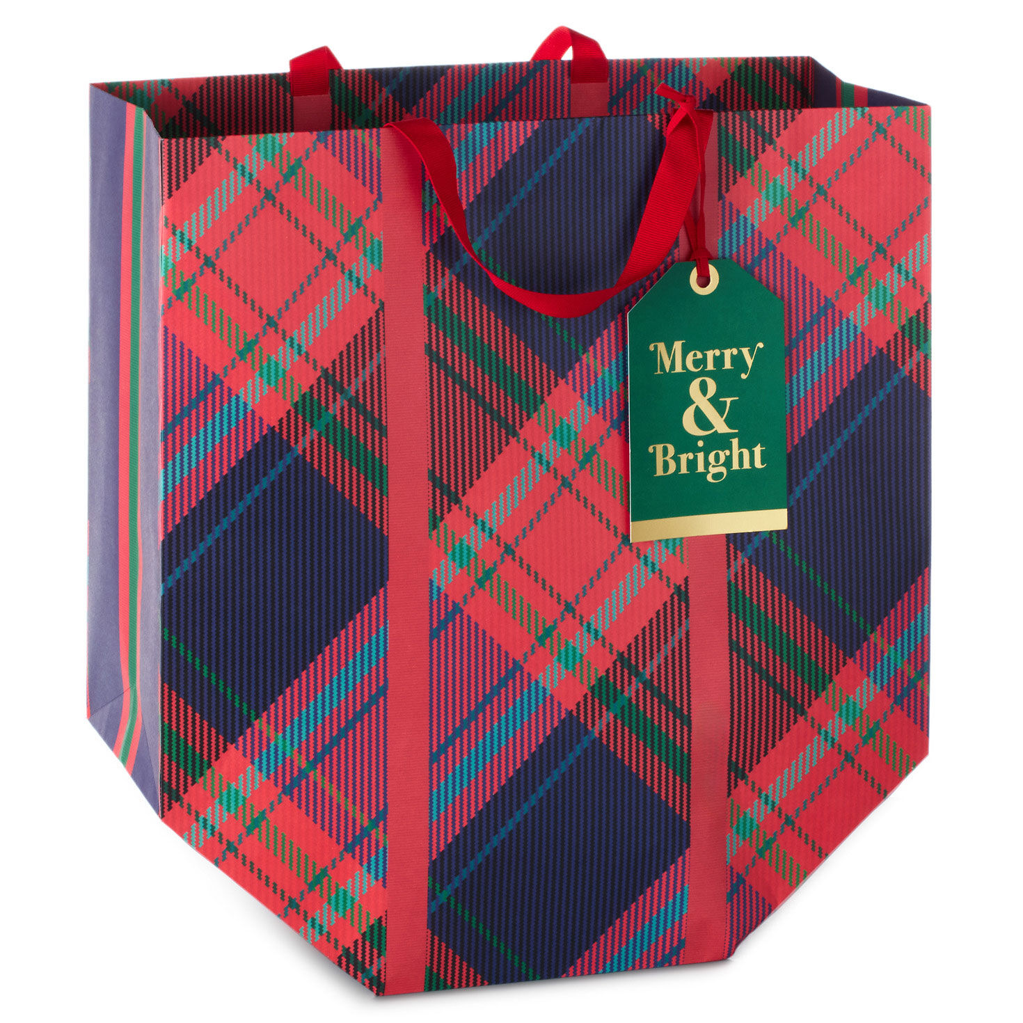13.5" Red Plaid, Merry and Bright Extra-Large Christmas Gift Bag With Gift Tag