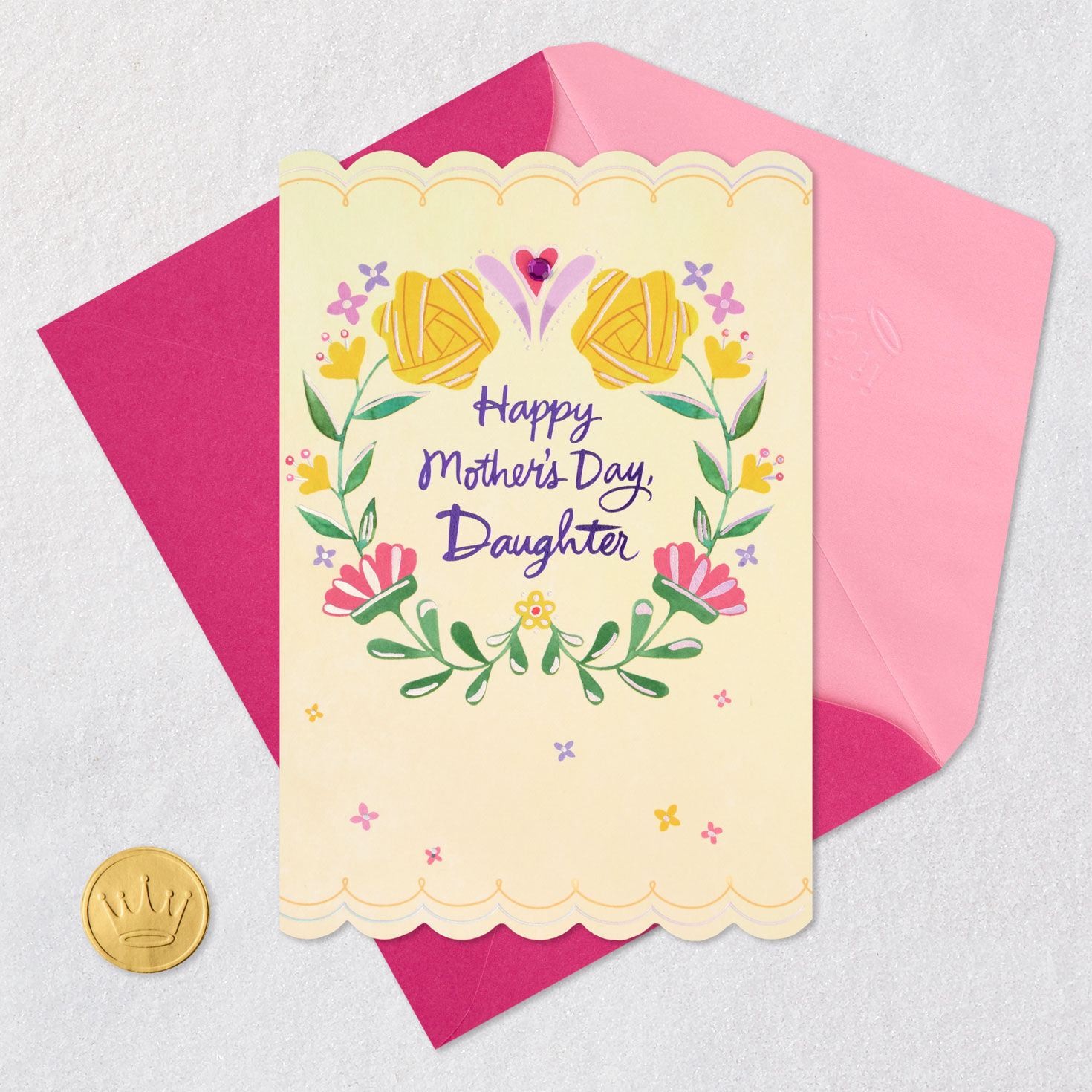 Colorful Floral Wreath Daughter Mother's Day Card Card Front with Envelope and Gold Seal image number 6