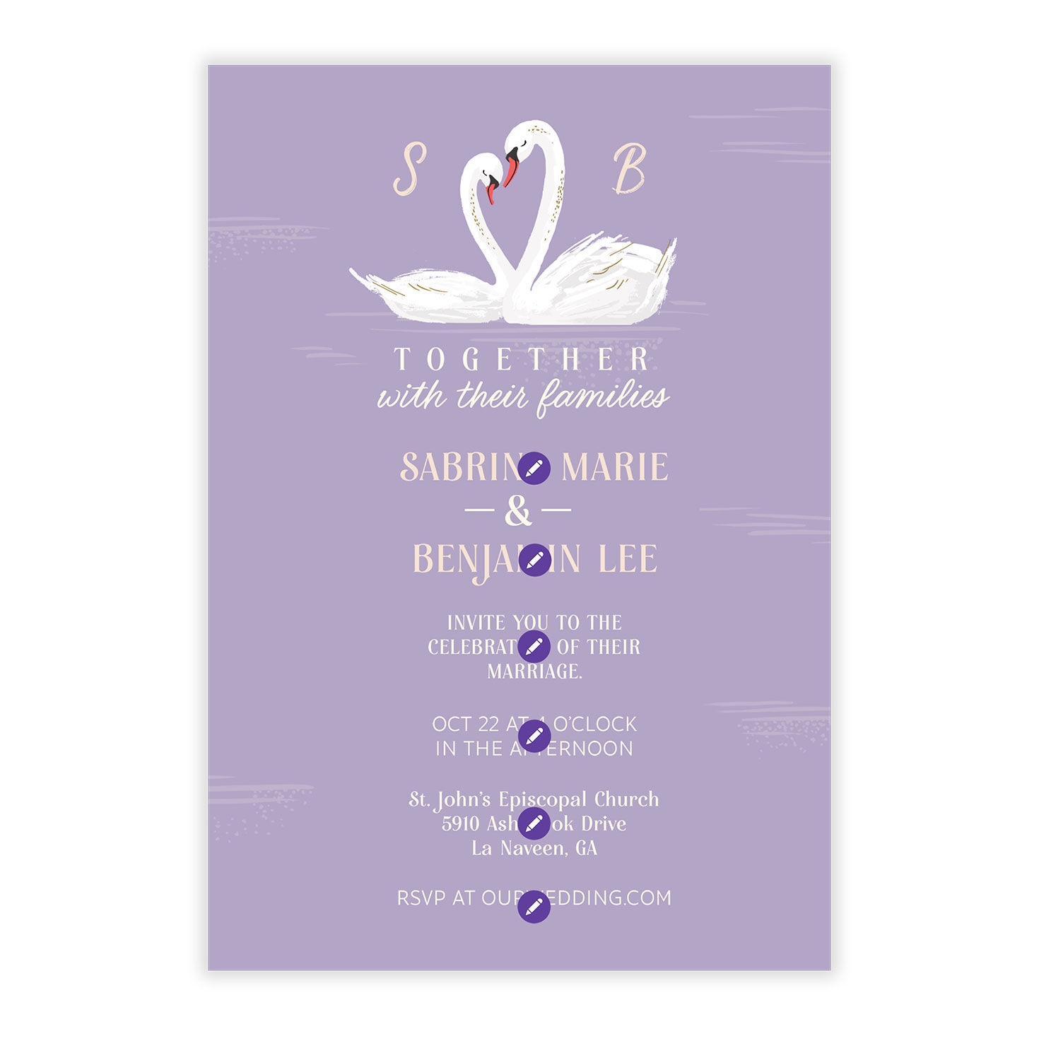 Two Swans on Purple Personalized Wedding Invitation Card Front indicating personalization image number 5
