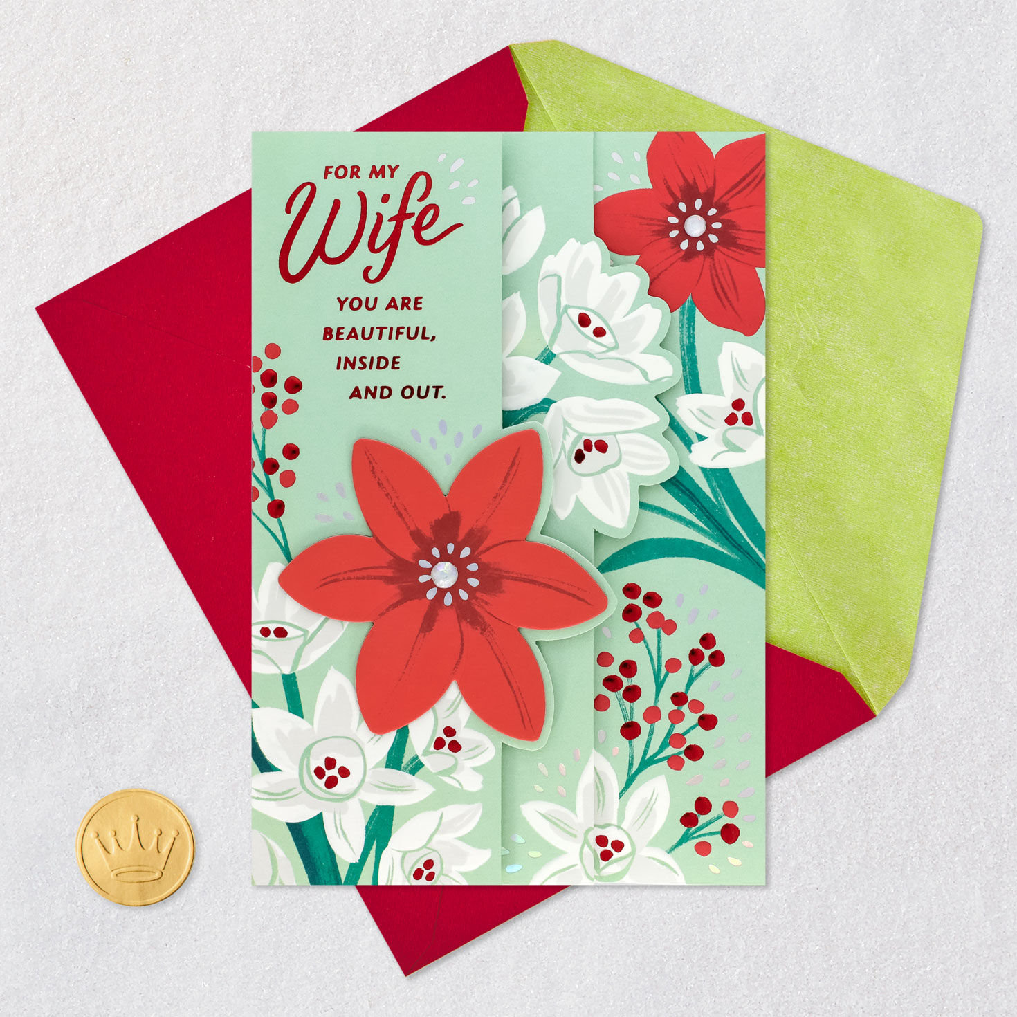 Red and White Flowers Christmas Card for Wife Card Front with Envelope and Gold Seal image number 7