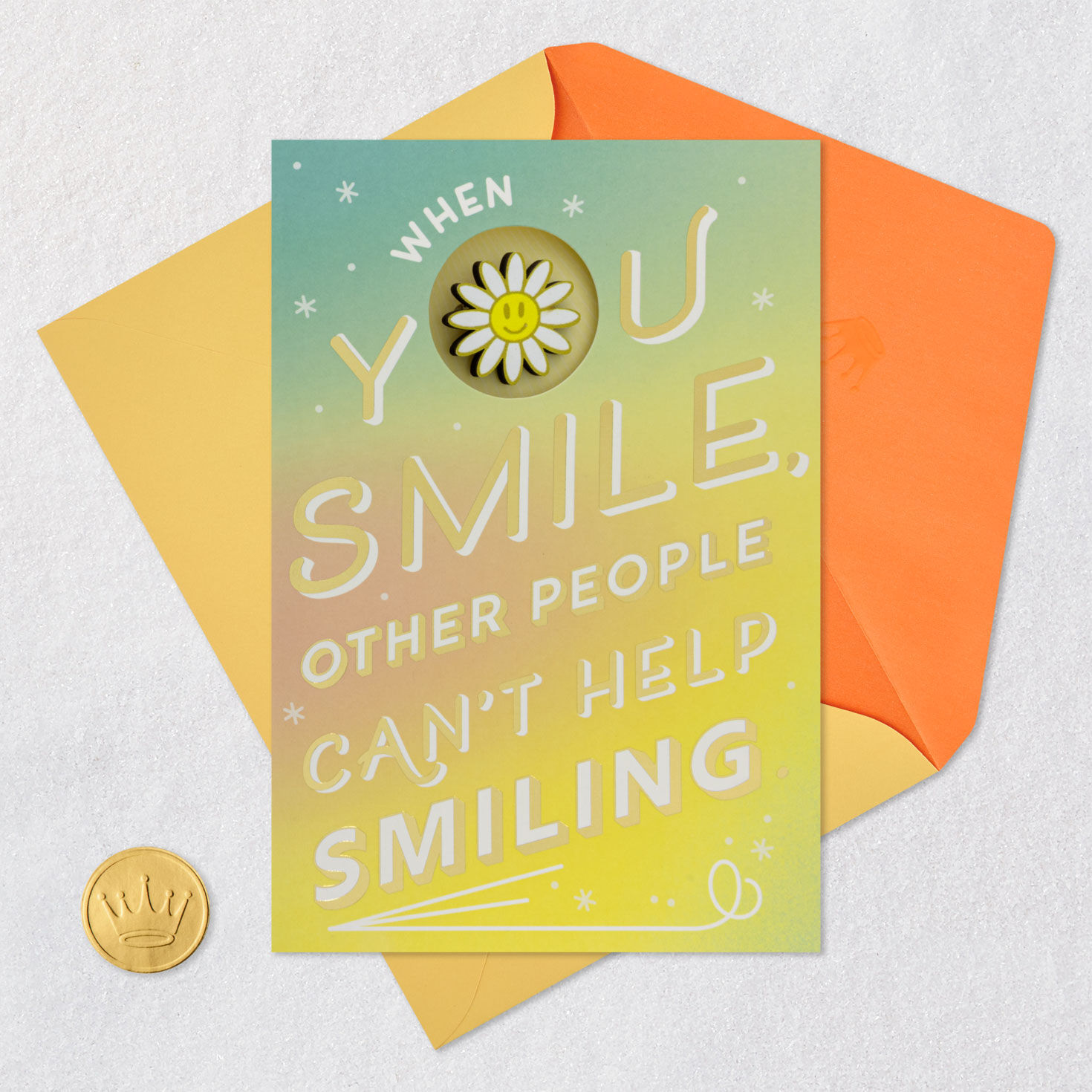 Smiling Daisy Pin on Yellow Ombr&eacute; Birthday Card Card Front with Envelope and Gold Seal image number 7