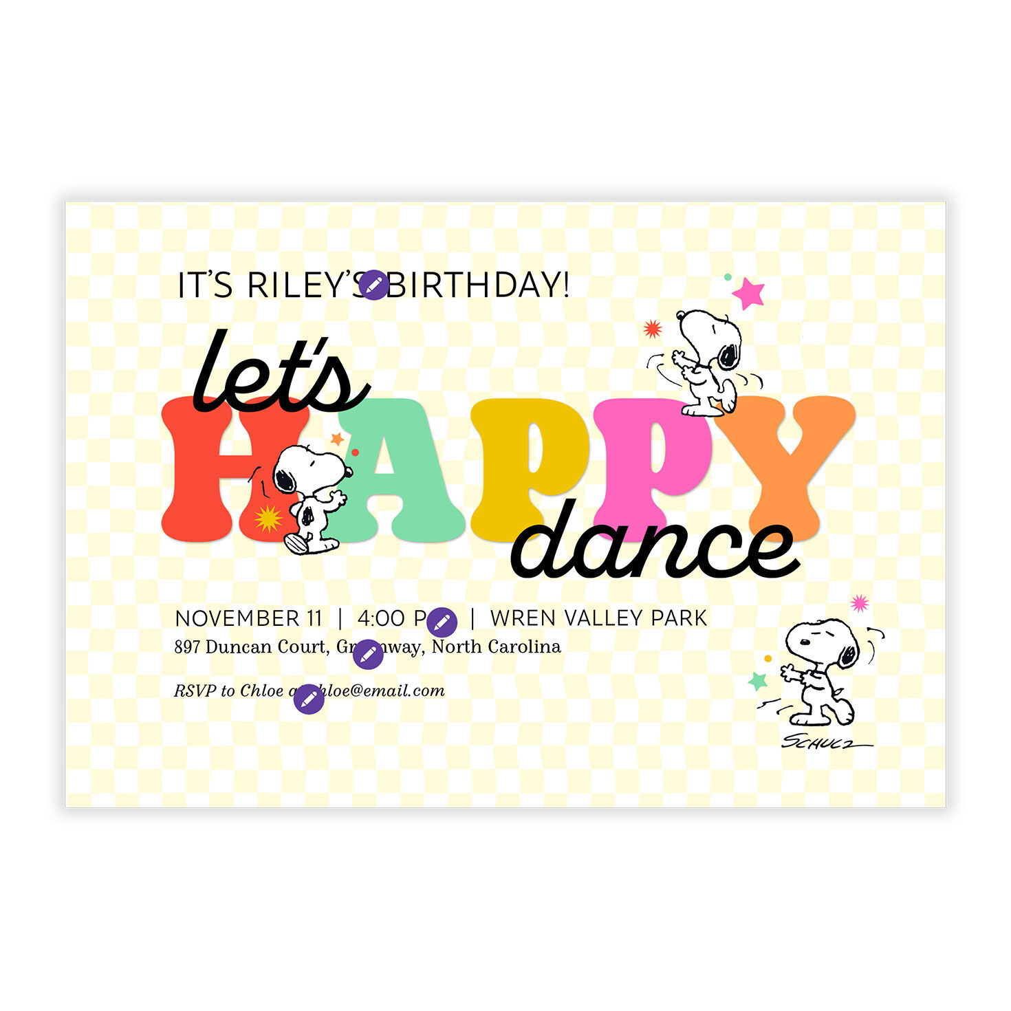 Snoopy Happy Dance Personalized Party Invitation front image number 5