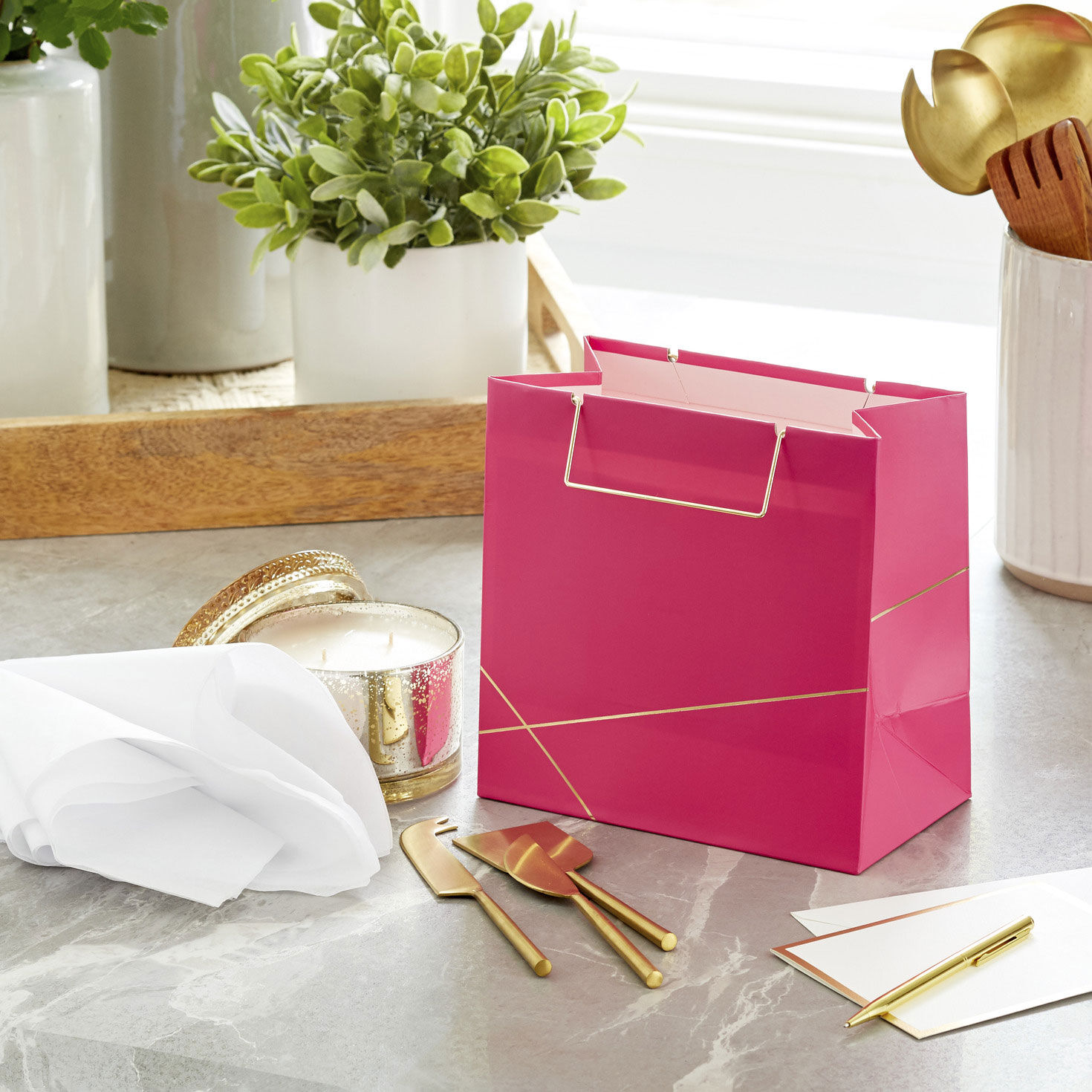 Rose With Gold Medium Square Gift Bag, 7.7" in use image number 2