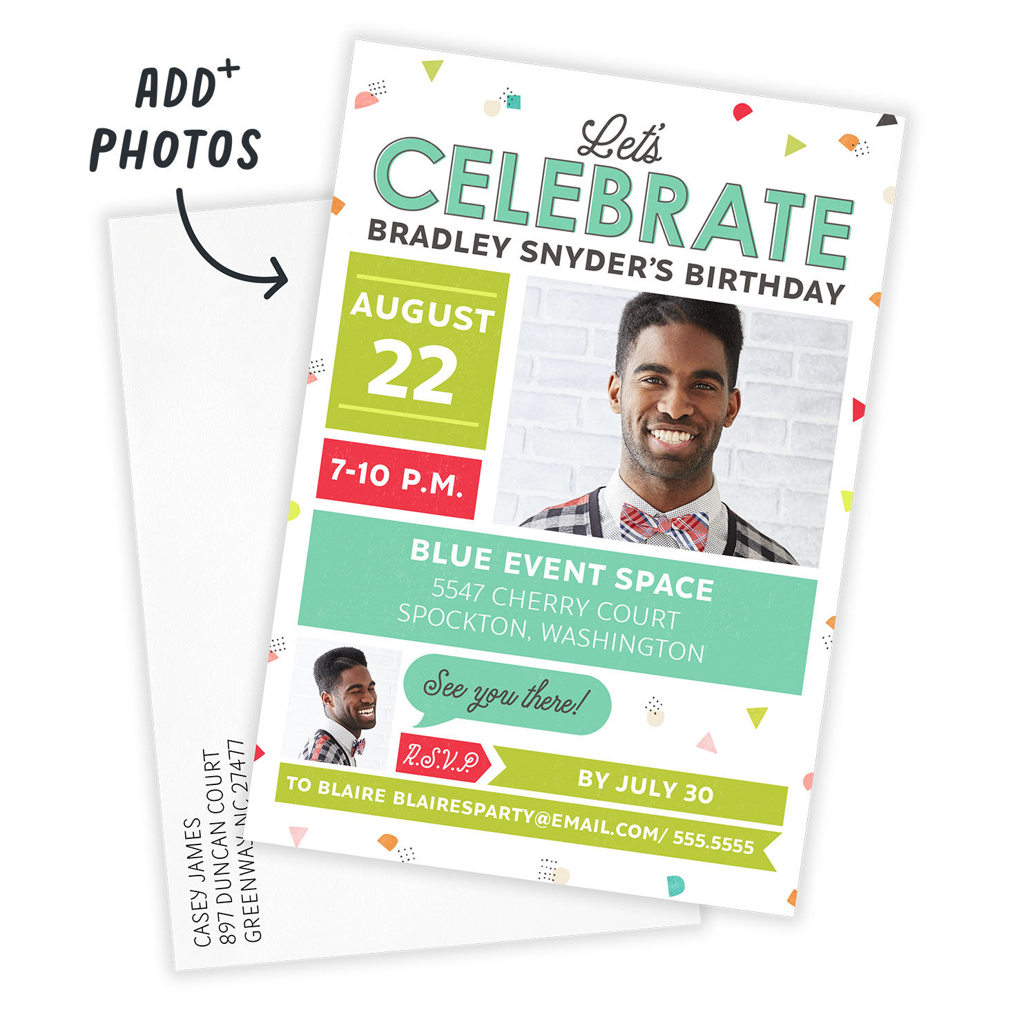 Confetti and Color Blocks Personalized Party Invite Card Front indicating personalization image number 2
