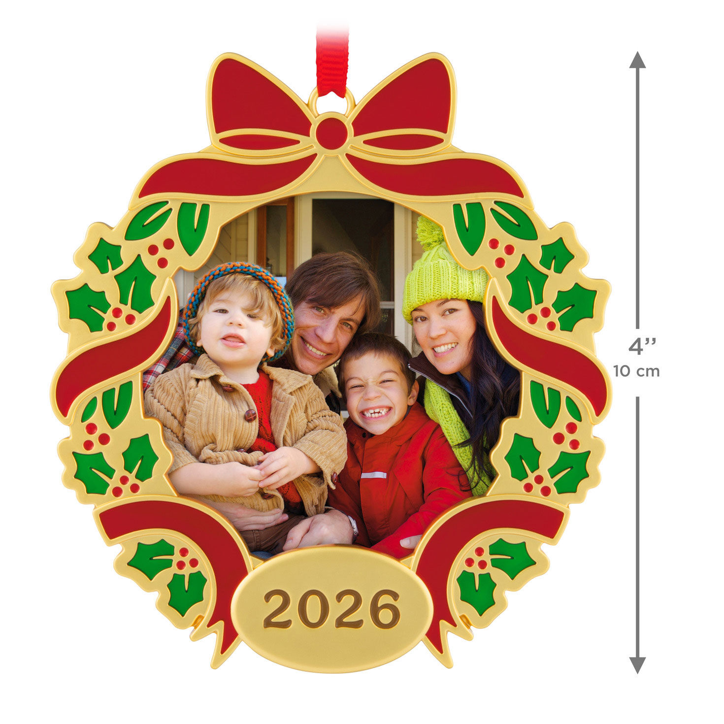 Red Green Metal Wreath Personalized Photo Ornament measurement image number 3