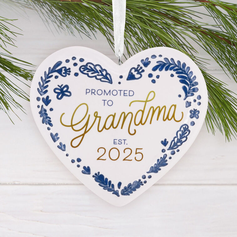 Promoted to Grandma Heart Christmas Ornament Hanging on tree image number 2