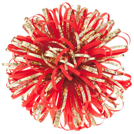 Coral and Gold Metallic Looped Pom Pom Gift Bow, 5", 
