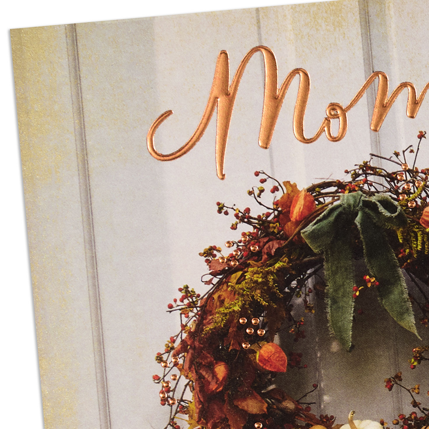 Fall Wreath on White Door Thanksgiving Card for Mom Card Front Detail image number 5