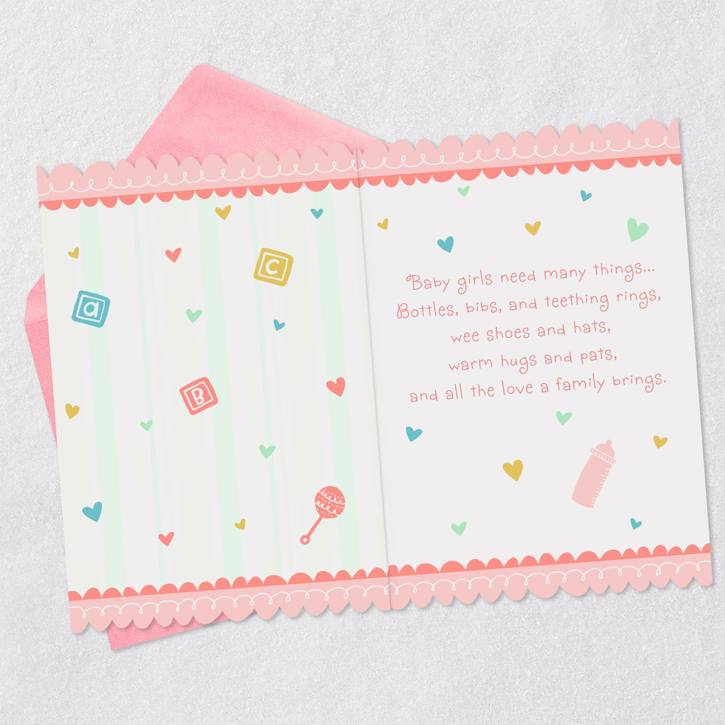 Newborn Items and Hearts 99-cent New Baby Girl Card Open card with envelope image number 4