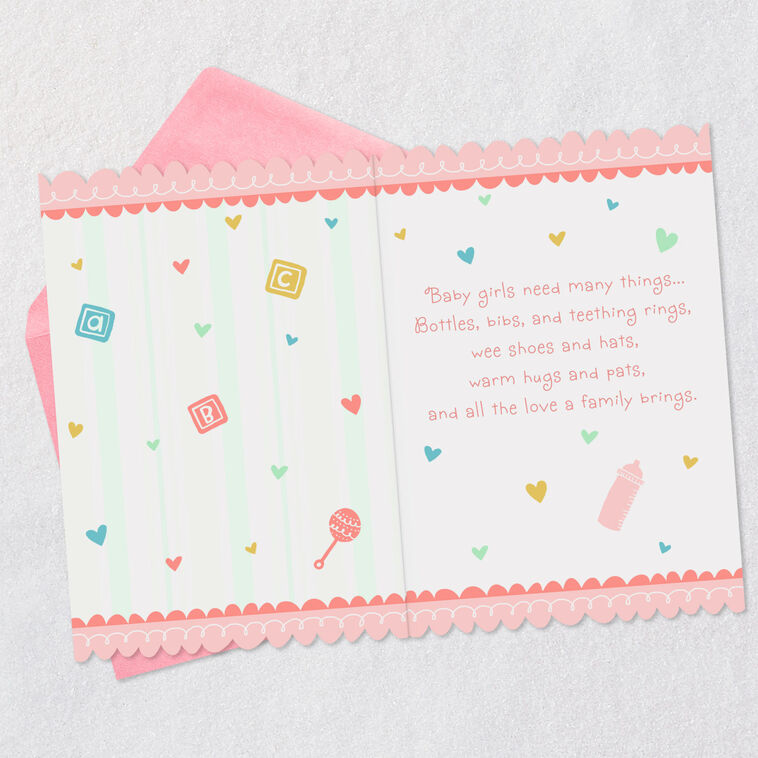 Newborn Items and Hearts 99-cent New Baby Girl Card Open card with envelope image number 4