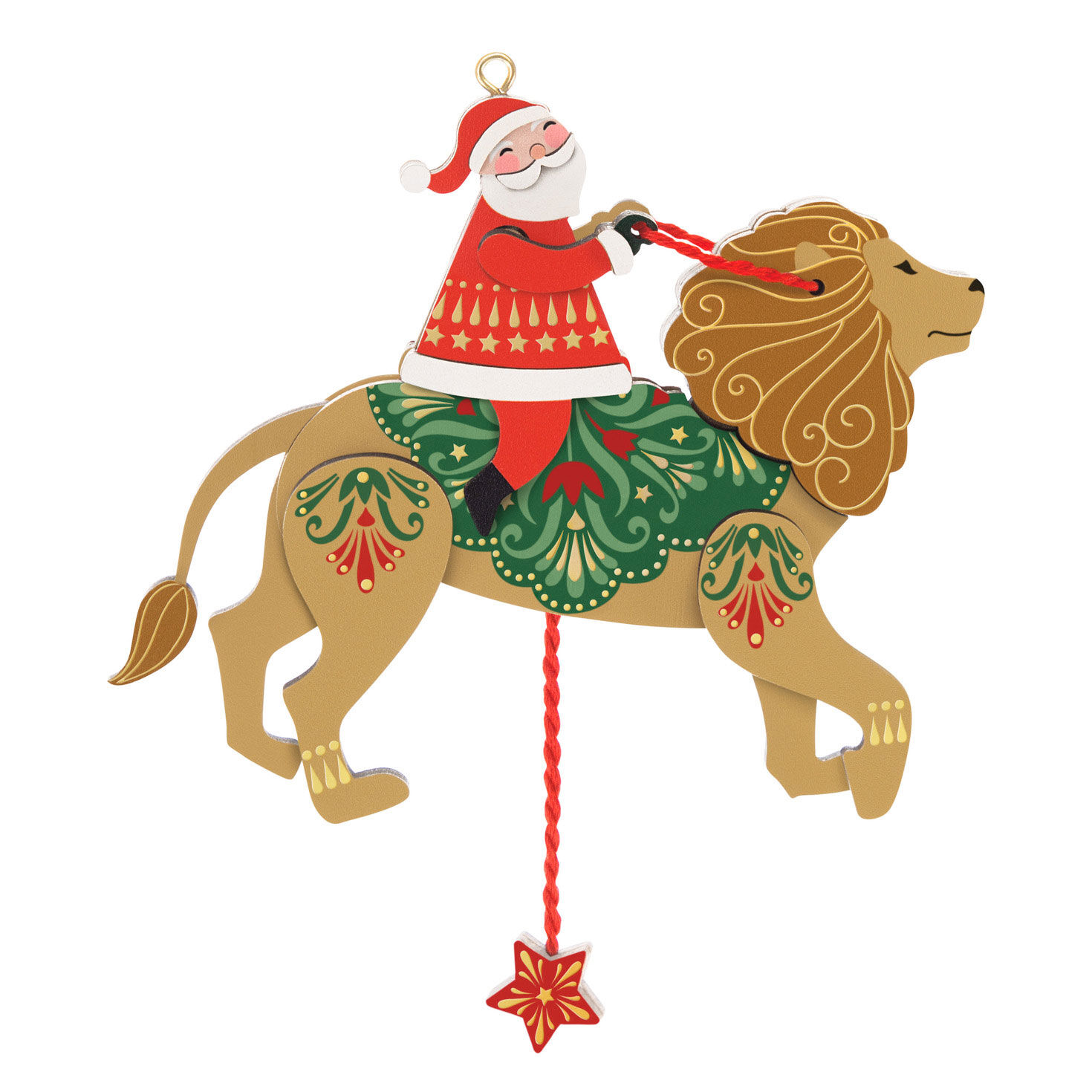 Pull-String Lion With Santa Wood Ornament