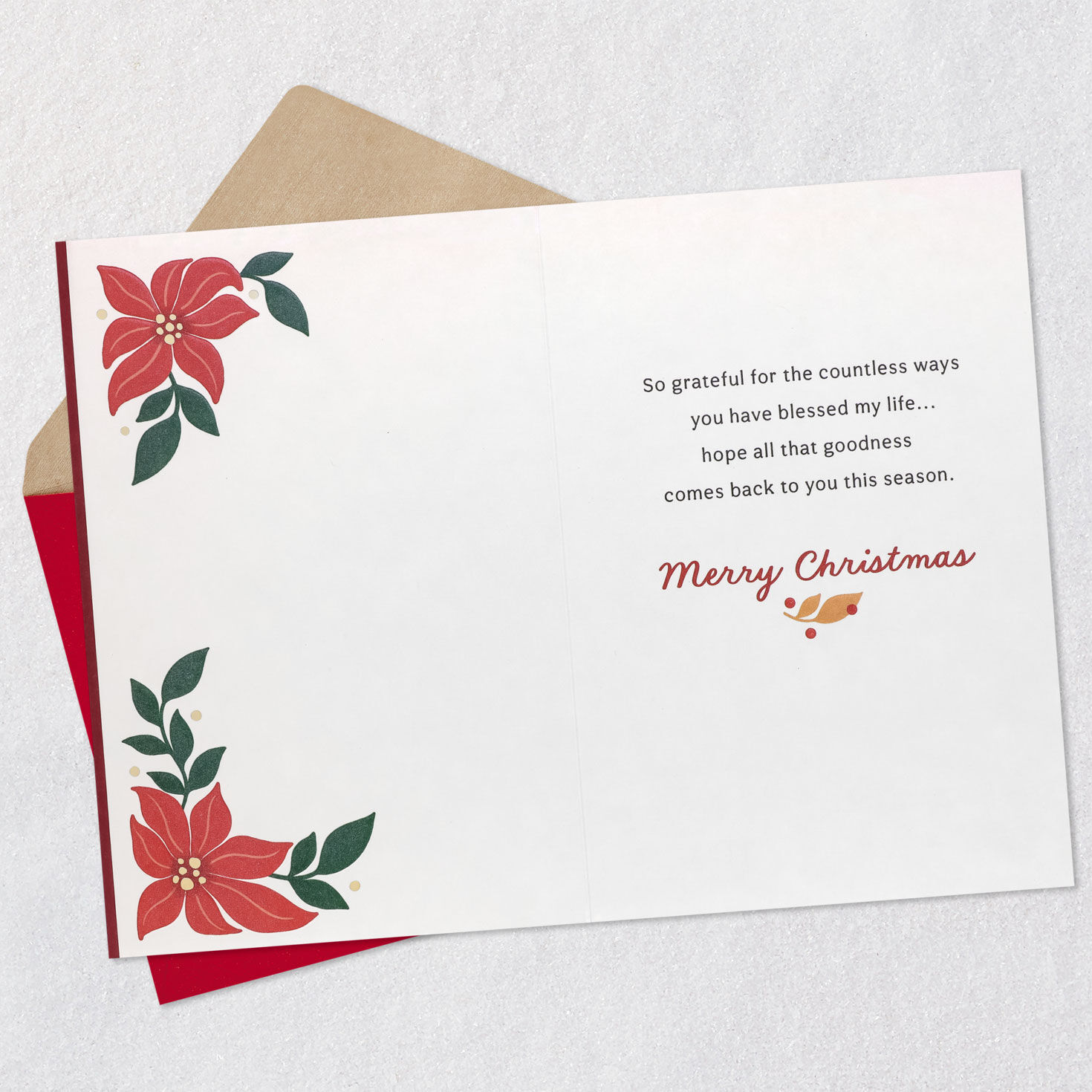Poinsettia Christmas Card for Someone Like a Daughter Open card with envelope image number 3