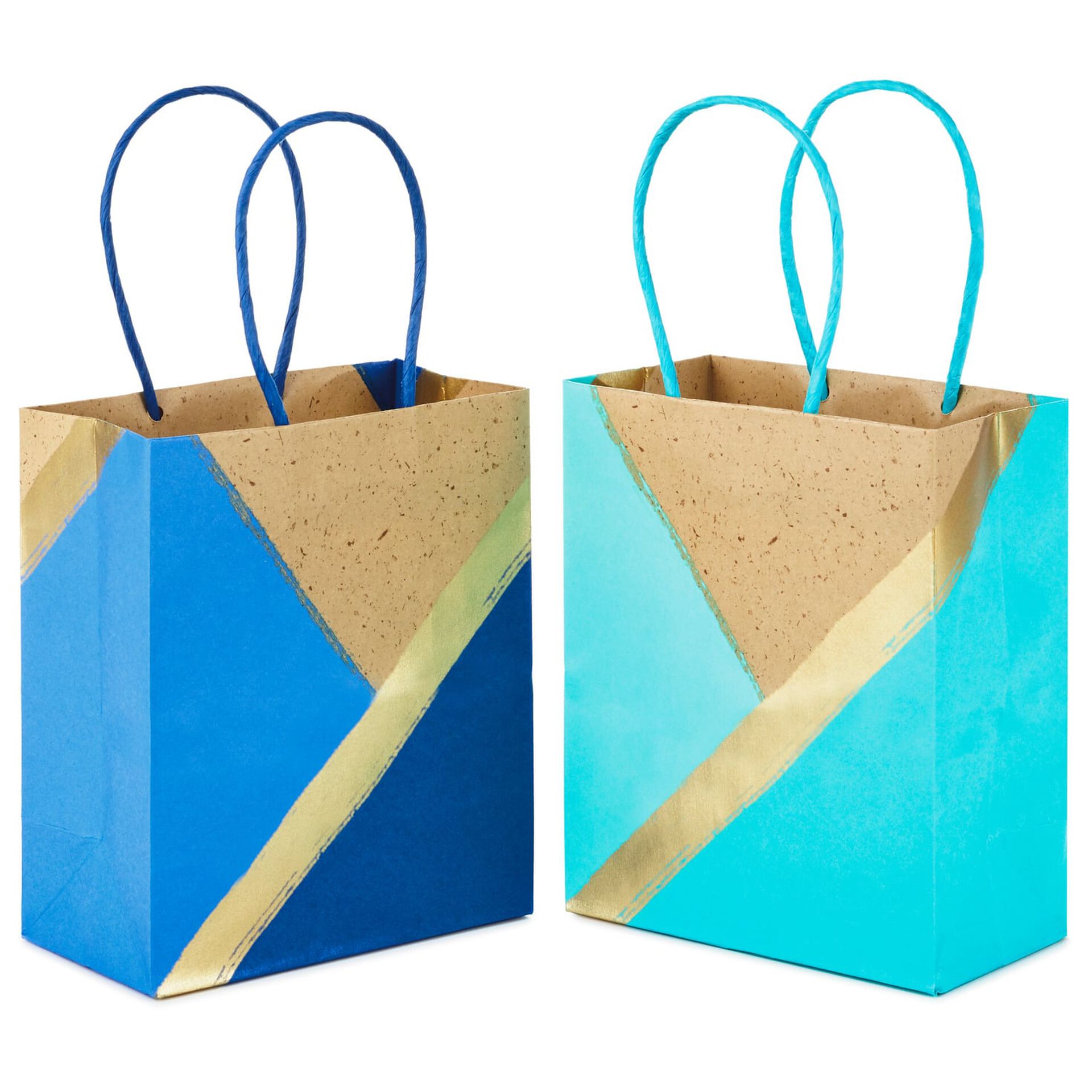 Blue/Kraft and Aqua/Kraft 2Pack Small Gift Bags, 6.5" Gift Bags
