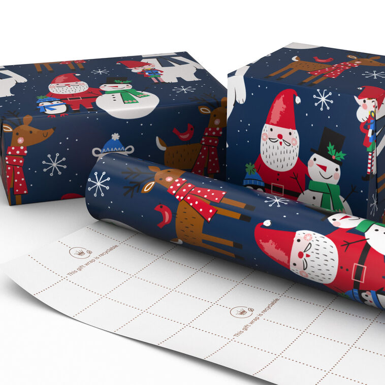 Santa and Friends on Navy Jumbo Christmas Gift Wrap Wrapped pkg image number 2