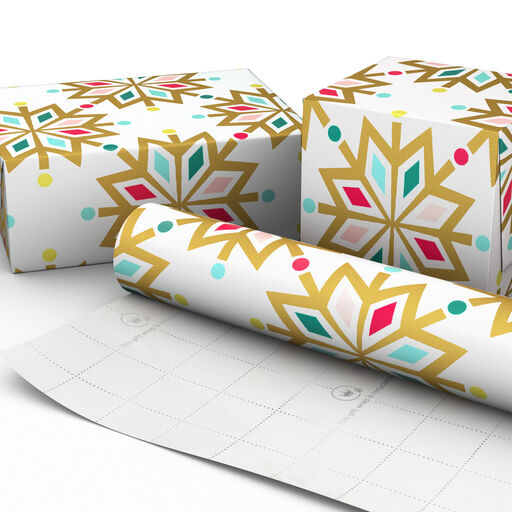 Gold Snowflakes on White Christmas Wrapping Paper, 22.5 sq. ft., 